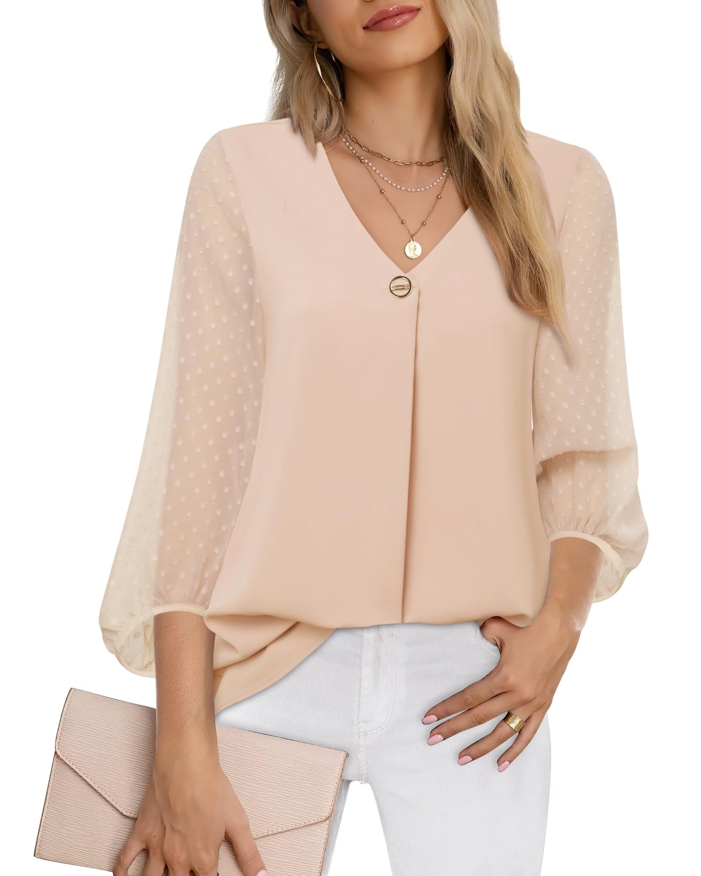 Bebonnie Damen Chiffonbluse mit Laternenmuster, 3/4-Ärmel, lässig, locker, V-Ausschnitt