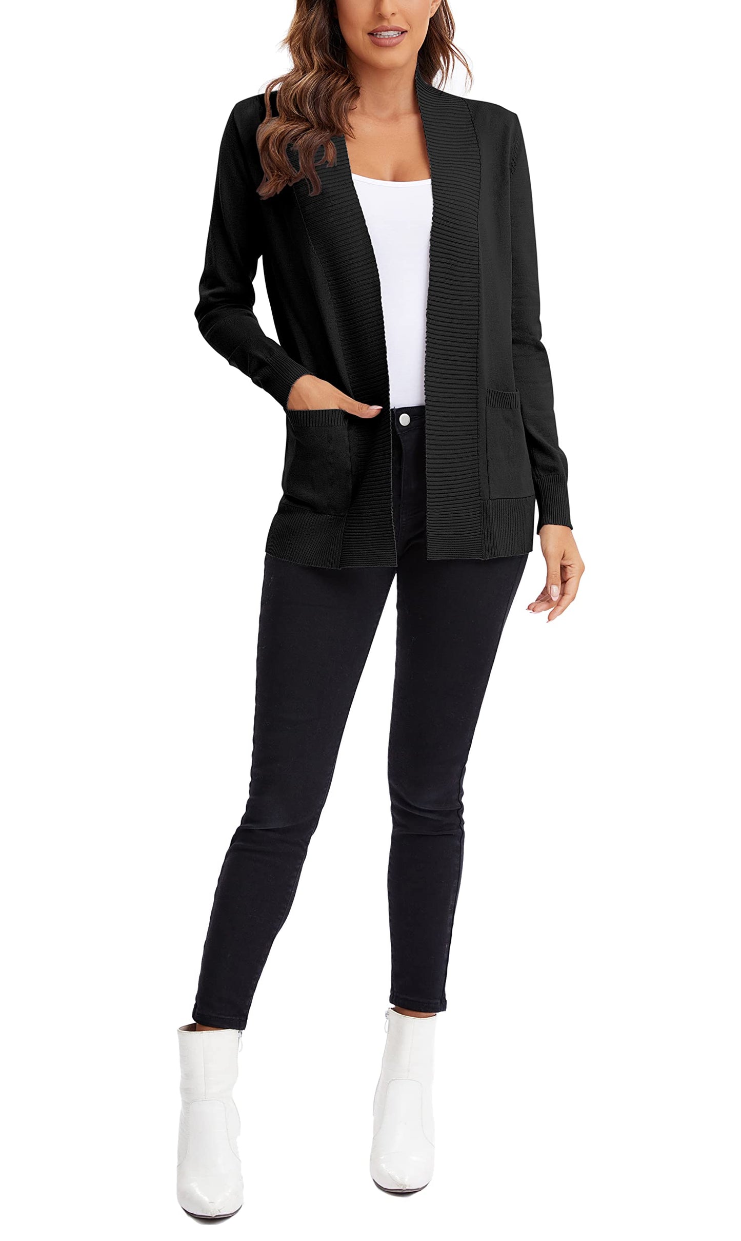 Urban CoCo Leichter Strickjacke für Damen mit offener Vorderseite, lange Ärmel, mit Tasche
