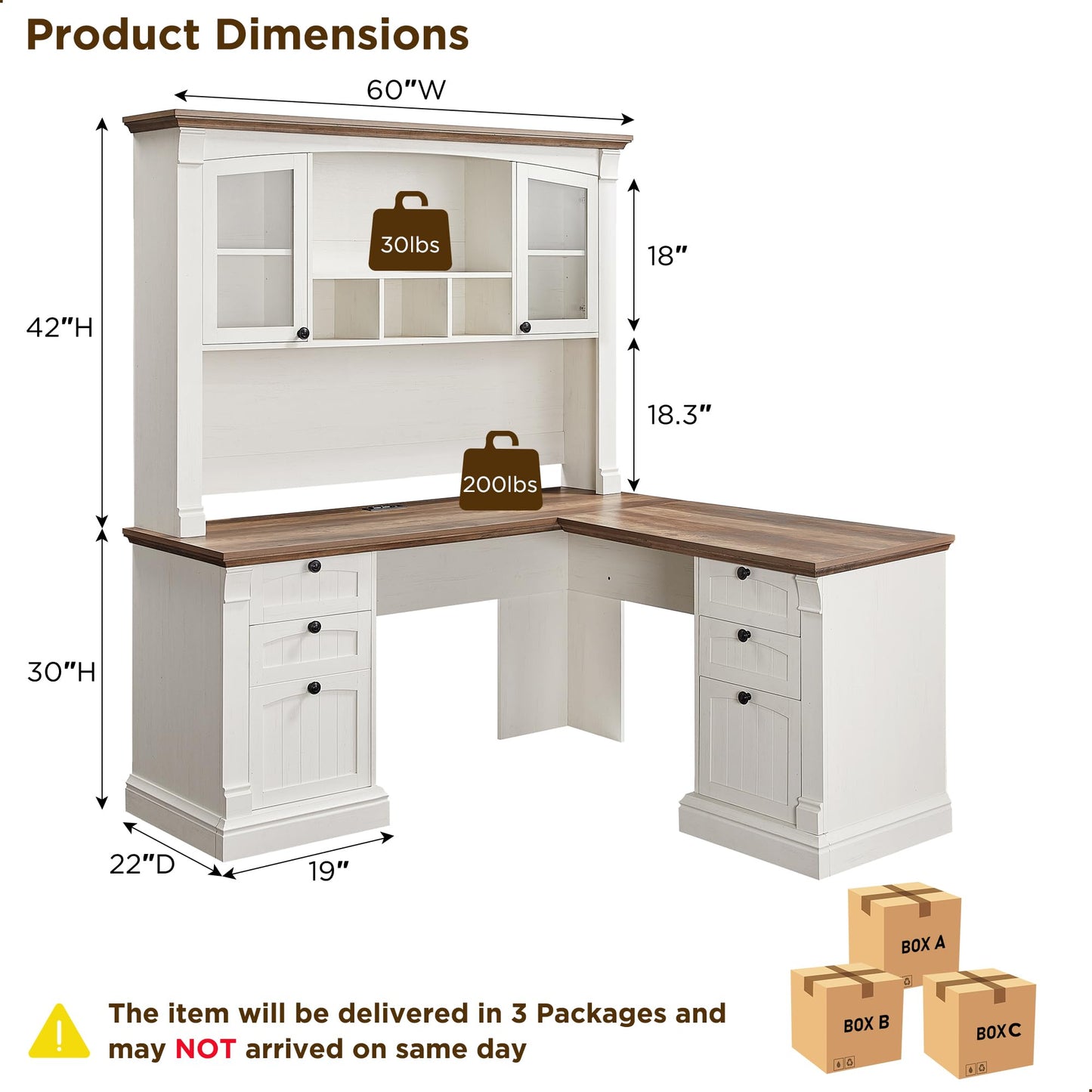 OKD 60-Zoll-Chefschreibtisch mit Schubladen, Home-Office-Schreibtisch im Landhausstil mit Ladestation, Tastaturablage, Aktenschrank-Aufbewahrung, Holz-Computertisch für Arbeit und Studium, Antikweiß
