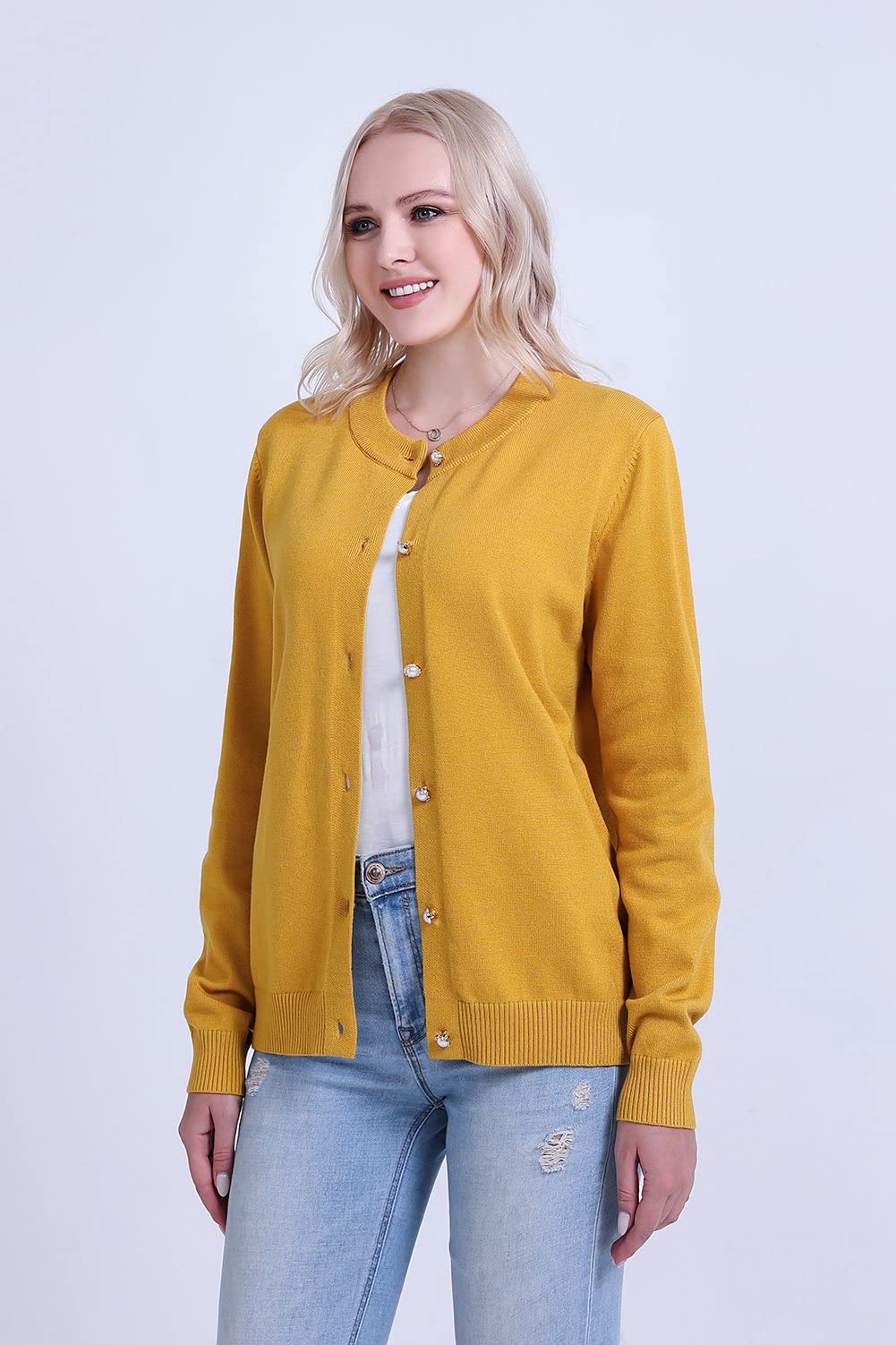 SMILING PINKER Women Cardigan Sweater Crewneck Pearl Button Knitted Tops Medium Weight