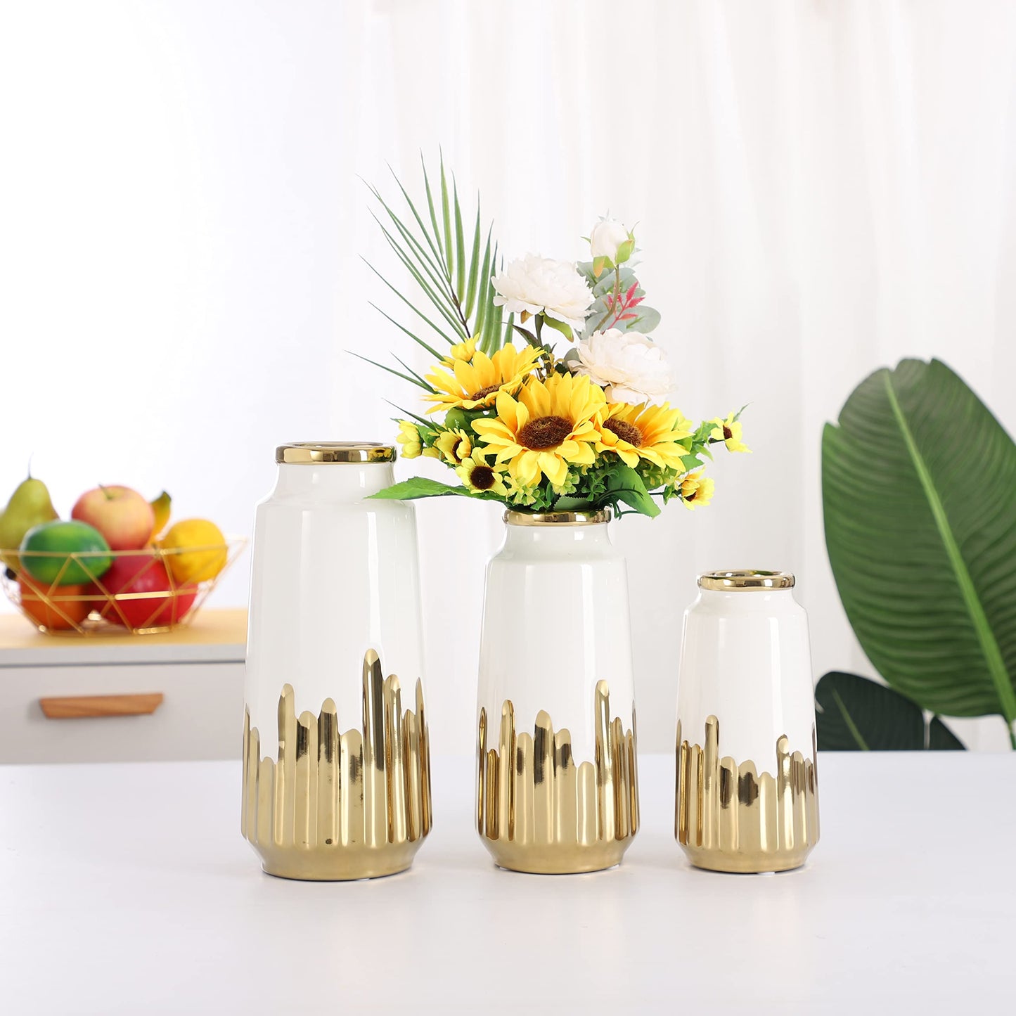 Weiße Blumenvase aus Keramik, einzigartige glänzende Vasen, breite Öffnung, moderne Vase, dekorative Vase für Zuhause, Hochzeit, Party, Tischdekoration