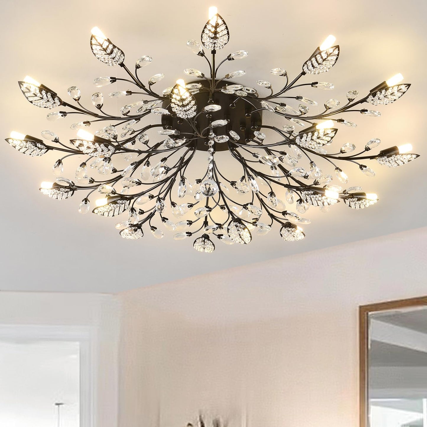 Moderne Deckenleuchte aus Kristall, halbbündiger Kronleuchter, Deckenleuchte aus Kristallblättern, Kronleuchter für Esszimmer, Wohnzimmer, Schlafzimmer (Gold, 12 Lichter)