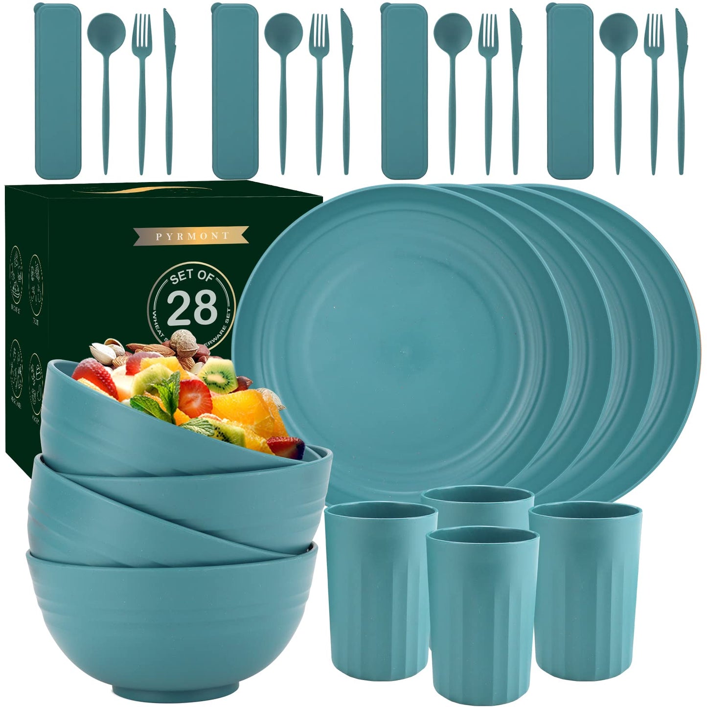 28 Piece Wheat Straw Dinnerware Sets,Dishwasher & Microwave Safe Plates and Bowls Sets - Unbreakable Plastic Dinnerware Sets for 4 Dinner Plates, Cups, Cereal Bowls - Colorful Series
