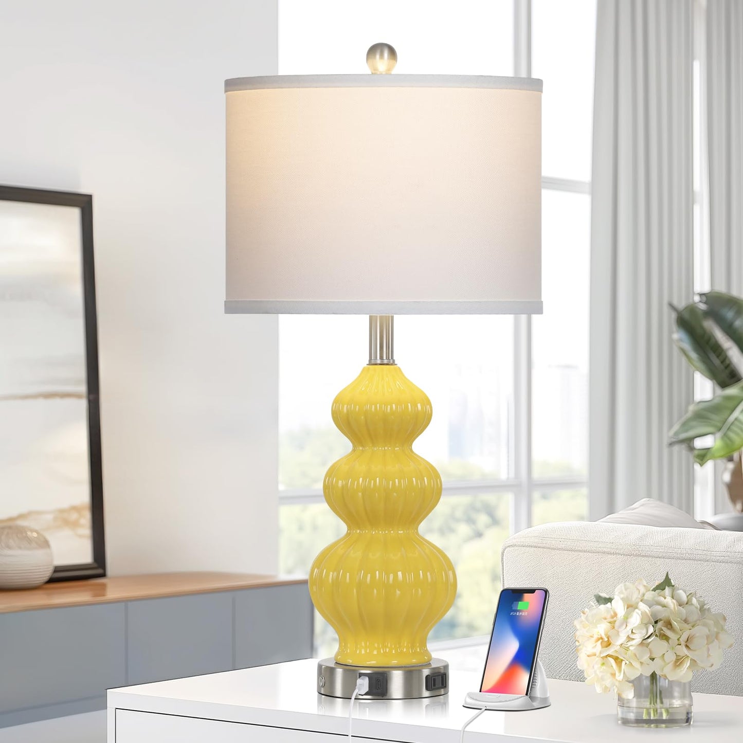 27-Zoll-Tischlampen aus Glas, 2er-Set mit Nachtlicht, moderne Nachttischlampen mit 3-Wege-Touch-Steuerung, USB-A+C-Anschlüssen und AC-Steckdose, gelbe Nachttischlampen im Boho-Stil für das Wohnzimmer im Schlafzimmer
