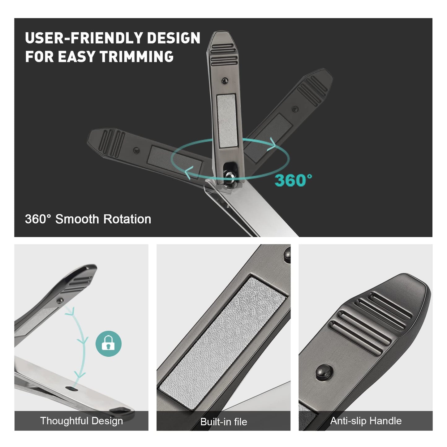 BEZOX Angled Head Toe Nail Clippers for Seniors for Thick Nails - Ergonomic Toenails Clipper for Thick Toenails, Premium Finger Nails Clipper for Adult with Catcher - Black