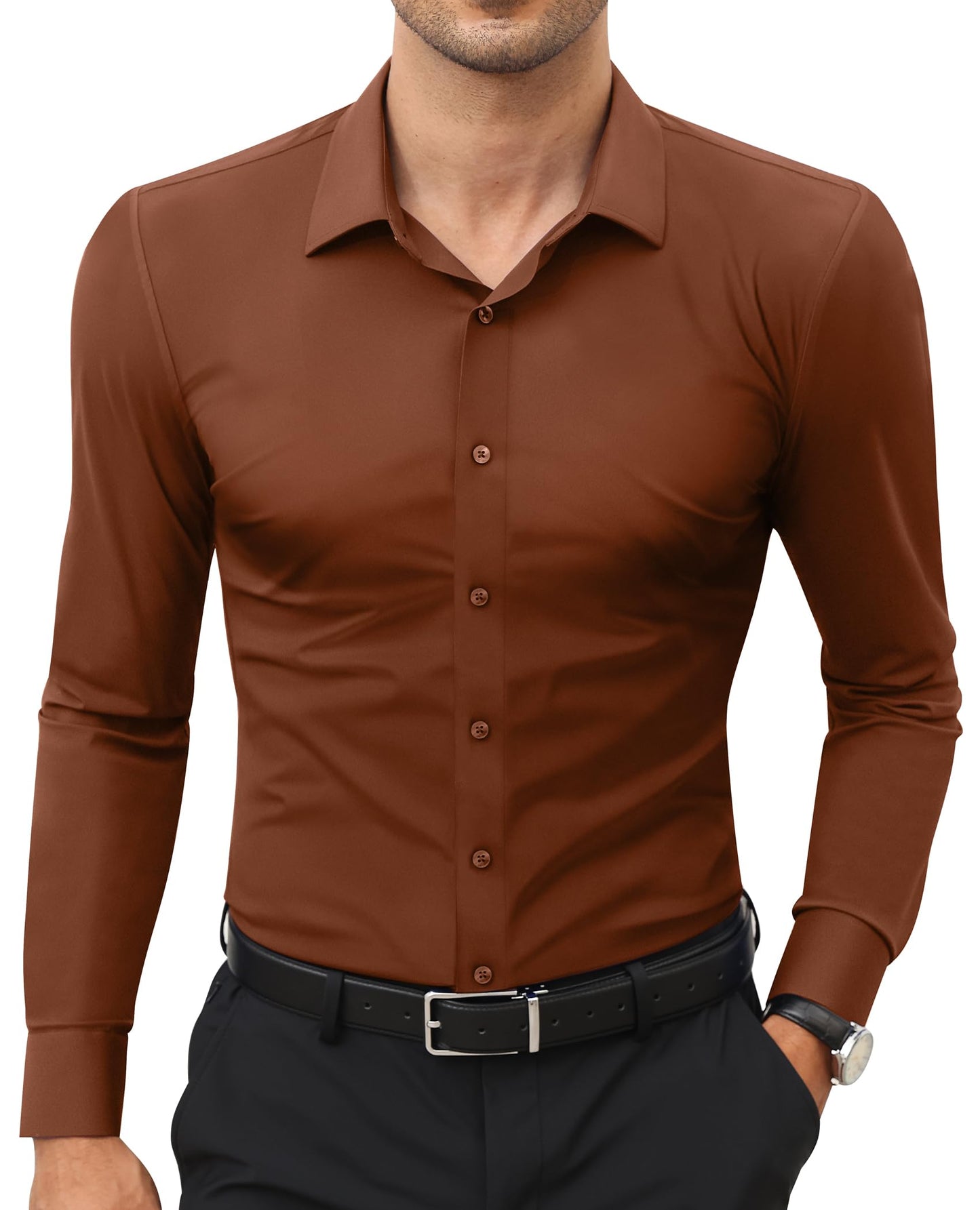 Stretch Mens Dress Shirts Long Sleeve Slim Fit Dress Shirts for Men Muscle Fit Wrinkle Free Button Down Shirt