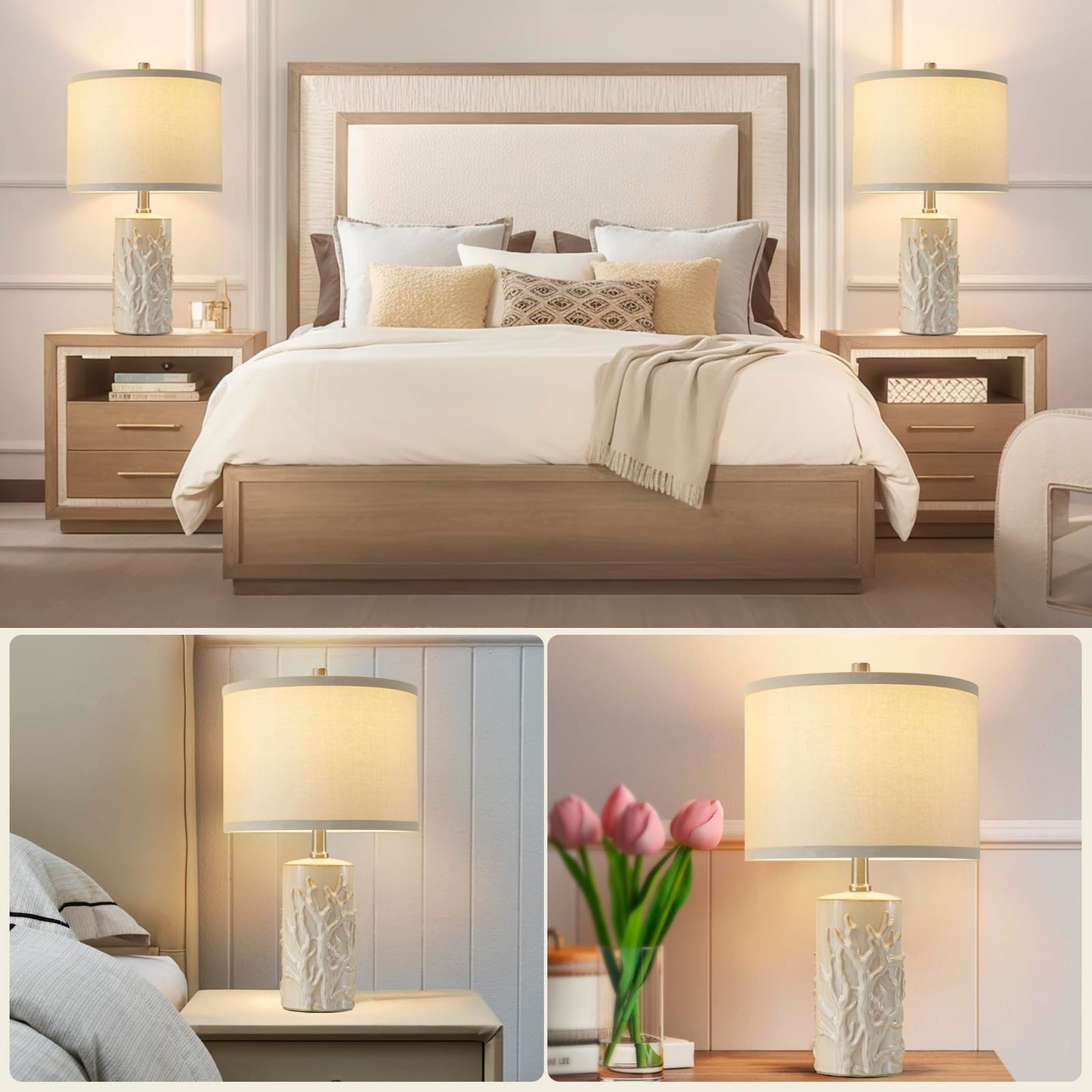 Luvkczc Moderne Keramiklampen für Schlafzimmer, 2er-Set, 3-Farbtemperatur-Tischlampe, Nachttischlampe, Schreibtisch-Leselampe mit Stoffschirm in Trommelform für Schlafzimmer, Wohnzimmer, 2 Glühbirnen enthalten (21,4 Zoll)
