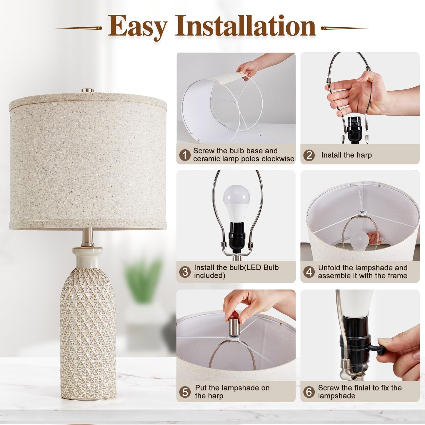 Luvkczc Moderne Keramiklampen für Schlafzimmer, 2er-Set, 3-Farbtemperatur-Tischlampe, Nachttischlampe, Schreibtisch-Leselampe mit Stoffschirm in Trommelform für Schlafzimmer, Wohnzimmer, 2 Glühbirnen enthalten (21,4 Zoll)