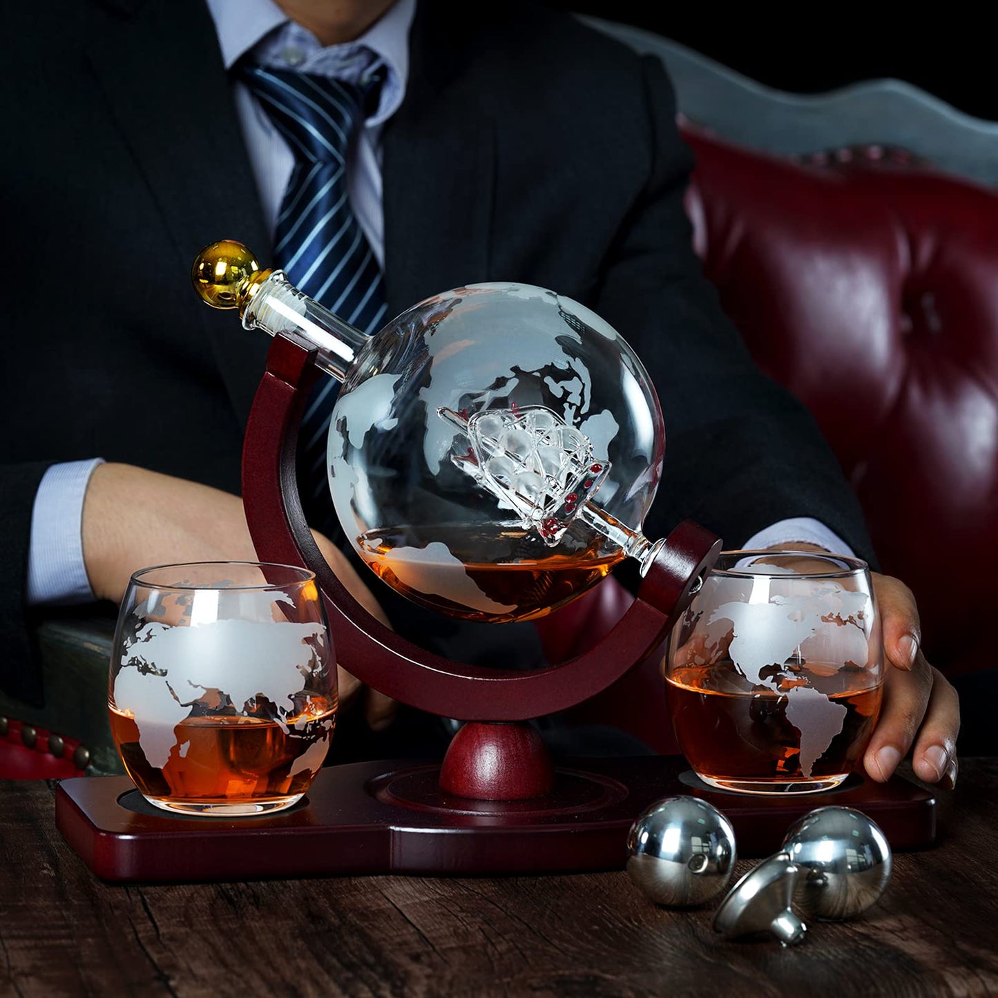 PONPUR Gifts for Men Dad Valentines Day, Whiskey Decanter Globe Set with 2 Ball Stones & 2 Glasses.