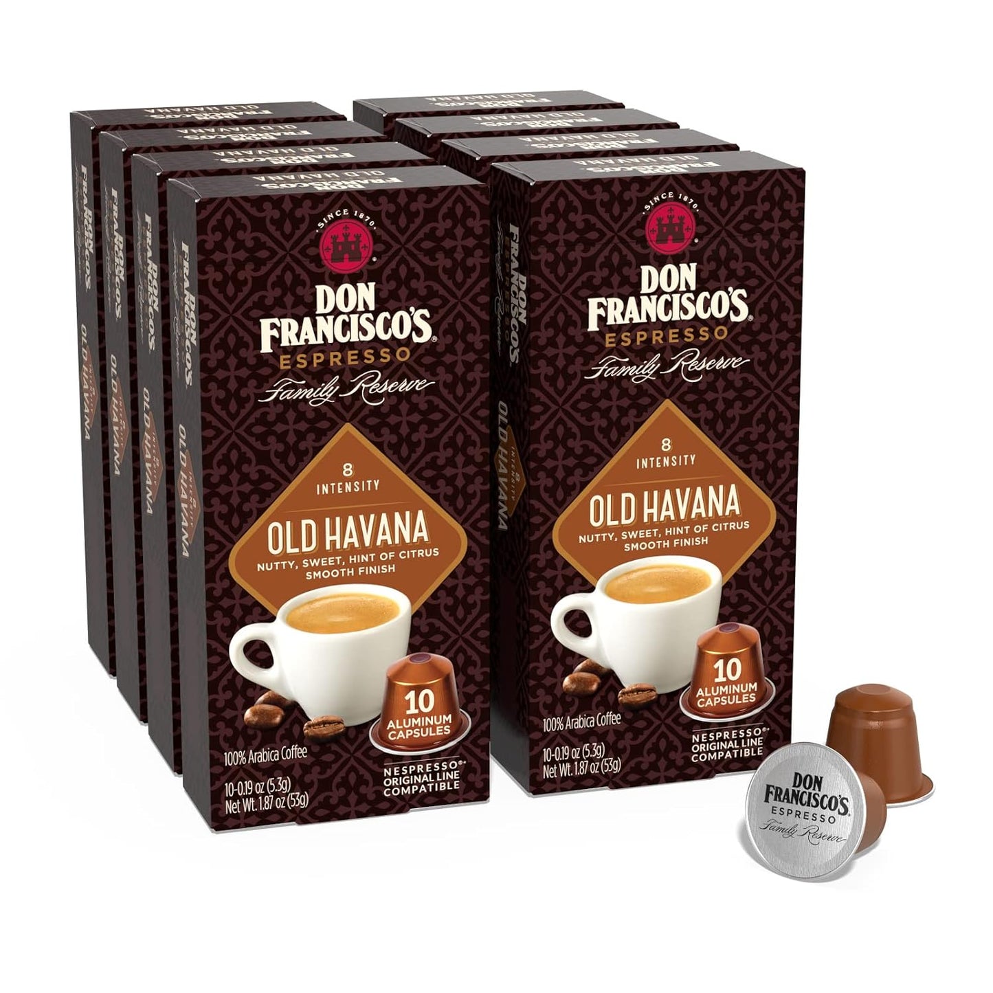 Don Francisco's and Cafe La Llave Espresso Capsule Variety Pack - 50 Recyclable Aluminum Pods Compatible with Nespresso Originalline - Premium Coffee with 4 Flavors and Intensities