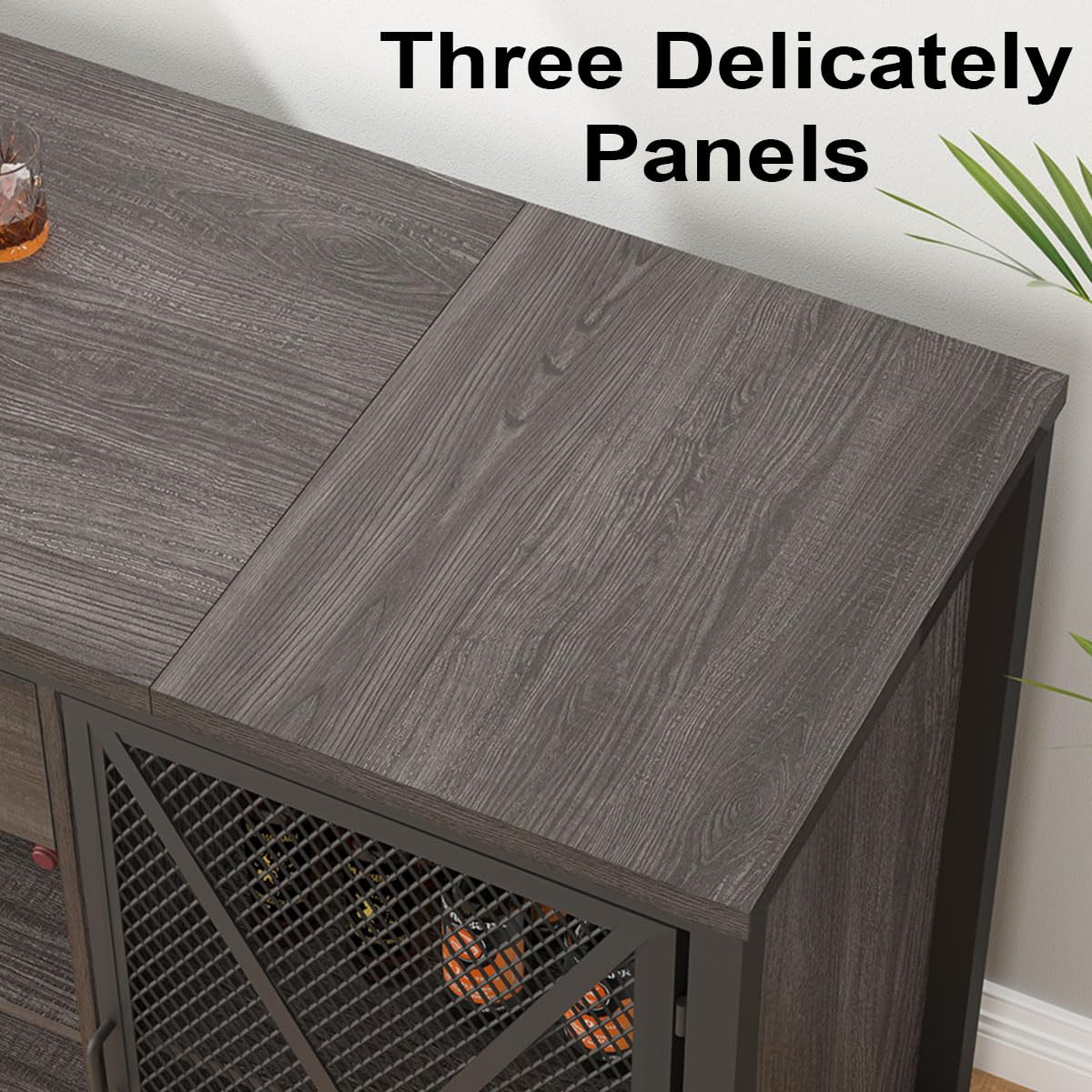 LVB Langer Barschrank mit Platz für den Kühlschrank, großer Spirituosenschrank im Landhausstil mit Schubladen, großer Weinschrank aus rustikalem Holz und Metall mit Regal, modernes Sideboard-Buffet für Küche und Esszimmer, grau, 70 Zoll