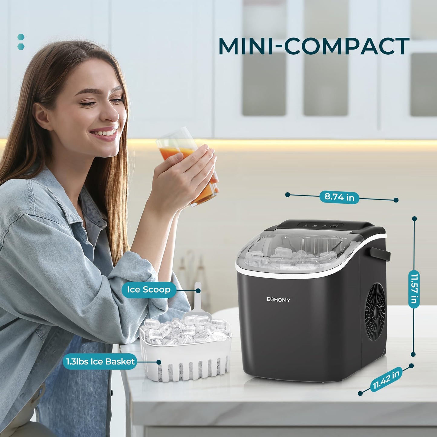 EUHOMY Countertop Ice Maker Machine with Handle, 26lbs in 24Hrs, 9 Ice Cubes Ready in 6 Mins, Auto-Cleaning Portable Ice Maker with Basket and Scoop, for Home/Kitchen/Camping/RV. (Black)