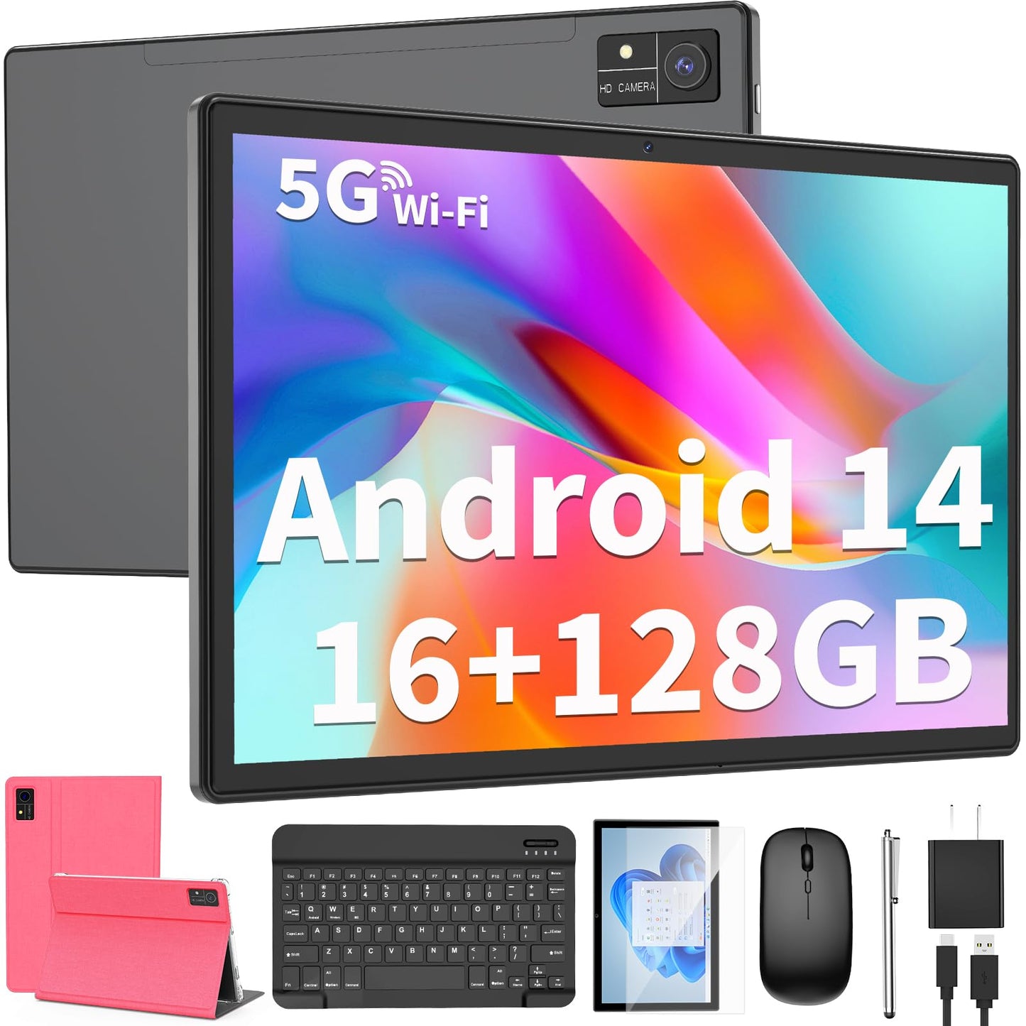 Android Tablet with Keyboard, 10 inch Android 14 Tablet, 16GB RAM 128GB ROM,1TB Expand, 5G WiFi, Bluetooth, 8000mAh Battery, GMS Certified, 2 in 1 Tablet with Keyboard, Mouse, Case, Stylus(Black)