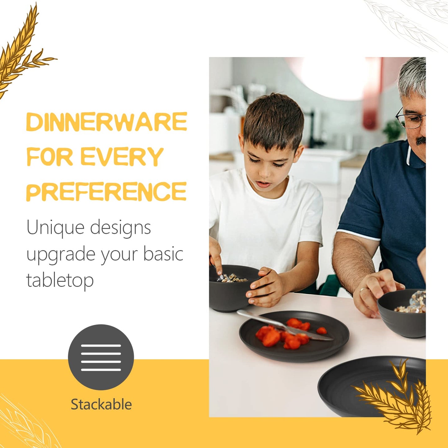 Teivio 16-Piece Kitchen Plastic Wheat Straw Dinnerware Set, Service for 4, Dinner Plates, Dessert Plate, Cereal Bowls, Cups, Unbreakable Plastic Outdoor Camping Dishes, Grey