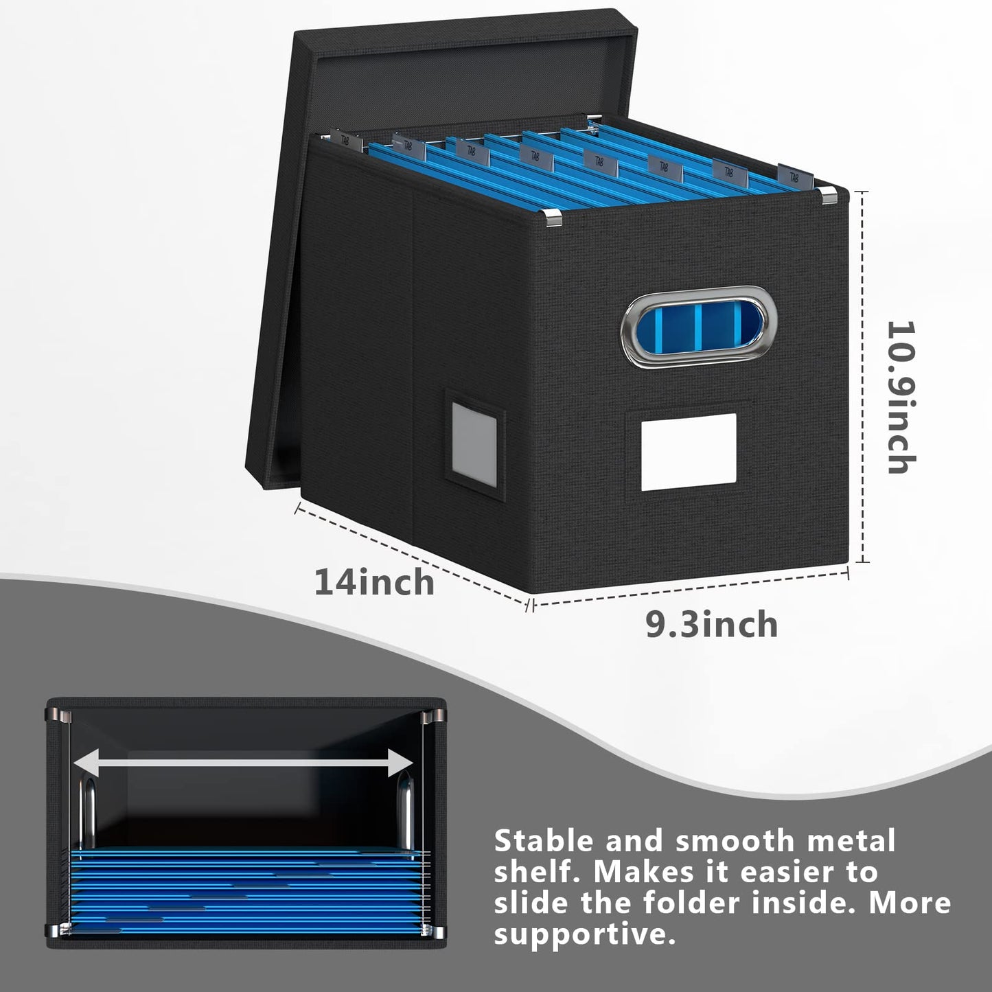 Hanging File Box with Lid, Set of 2 Filing Organizer Storage Box, Linen Collapsible Decorative Office/Home File Cabinet (14x9.3x10.9 inch) (Navy Blue)