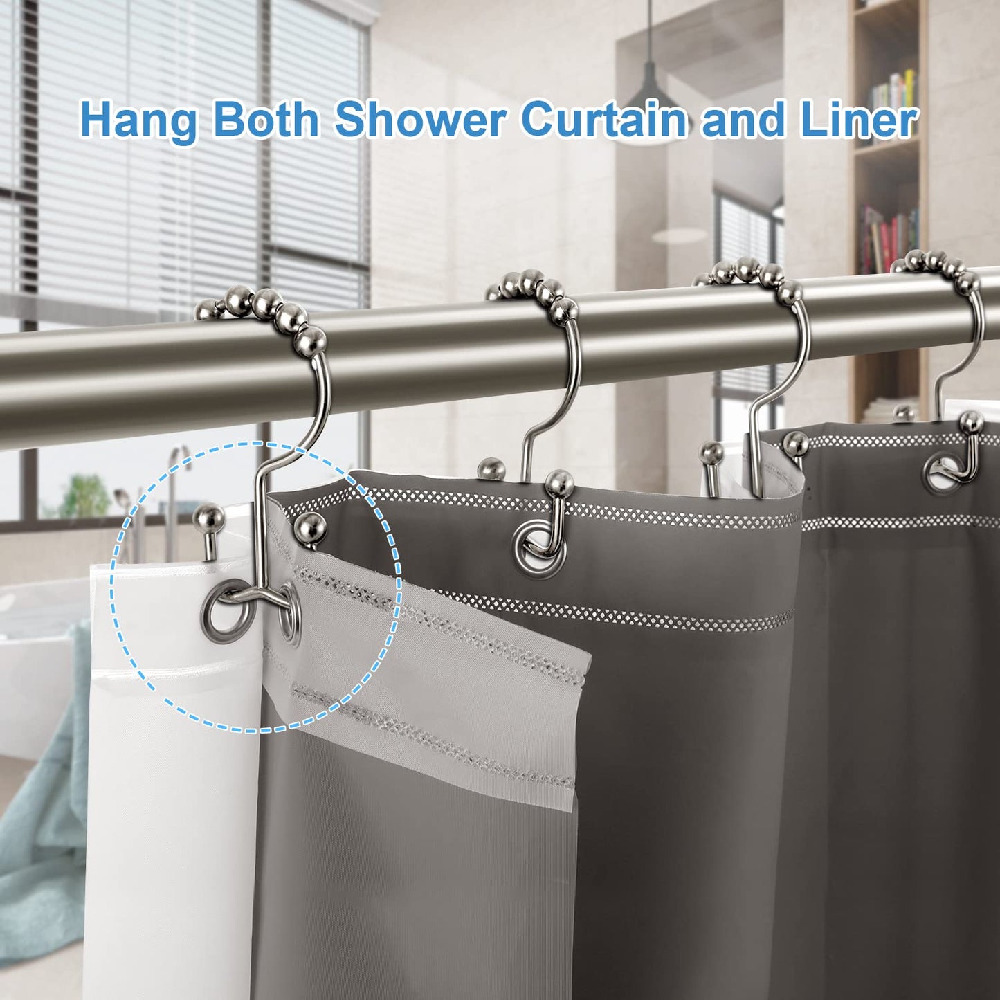 Shower Curtain Hooks Rings, TENOVEL Double Sided Shower Hooks Rust Proof for Bathroom Shower Rods Curtain, Durable Stainless Steel Bathroom Shower Curtain Hangers, Bronze, Set of 12