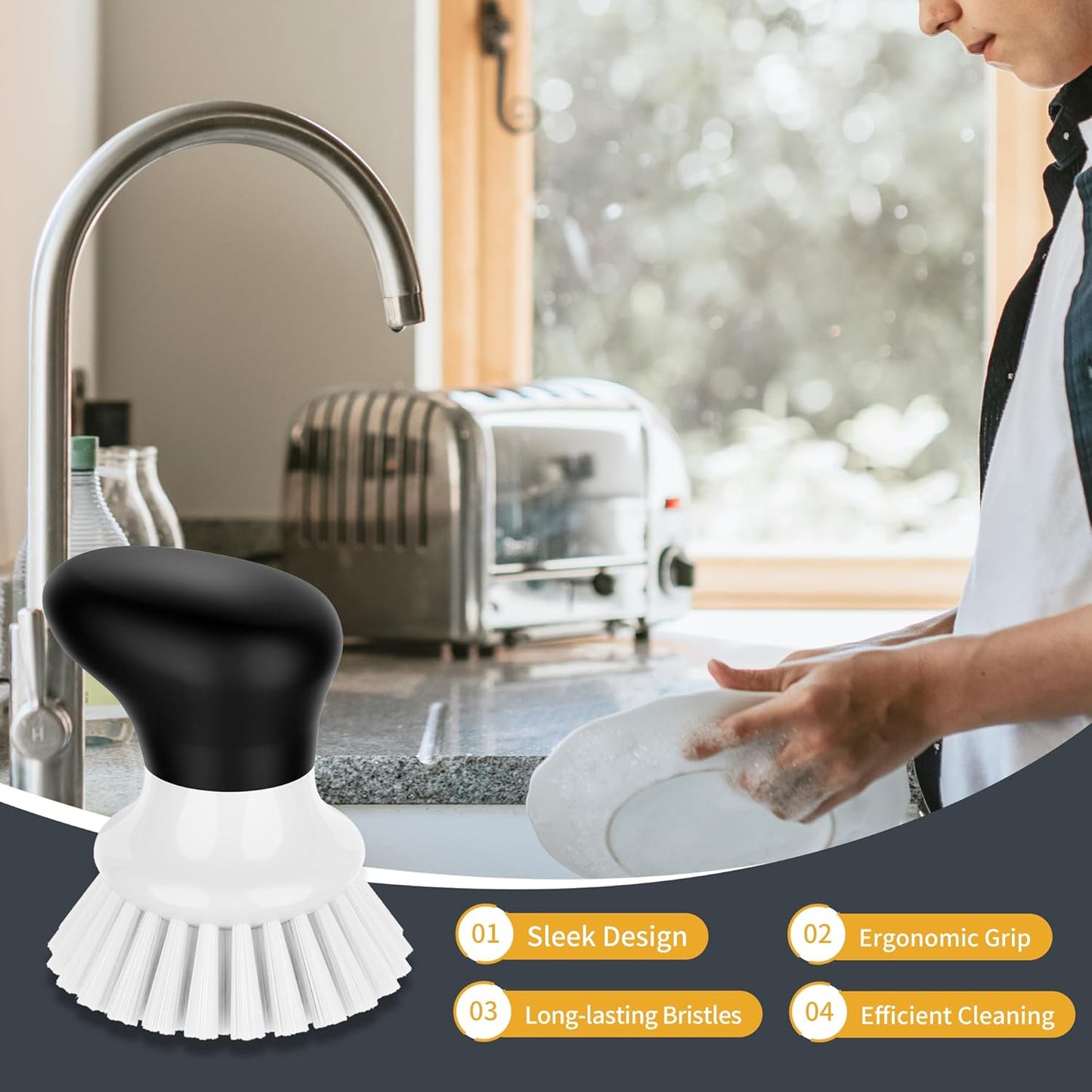 MR.SIGA Geschirr-Scheuerbürste, Palm Brush Dish Scrubber mit ergonomischem Griff, Küchenbürsten für Geschirr, weiß, 2 Stück