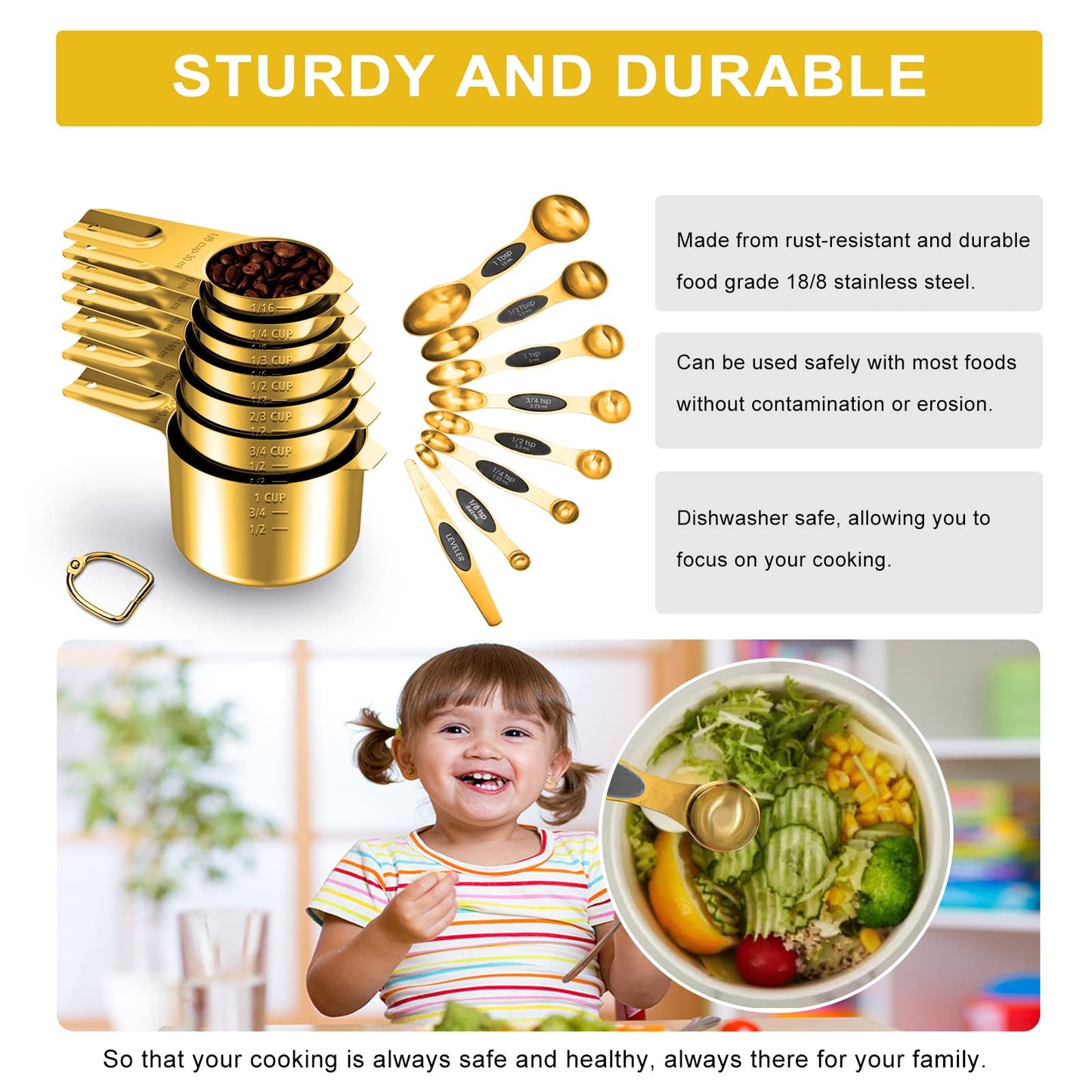 Goldfarbenes Messbecher- und Löffel-Set, 15 Stück, 18/8 Edelstahl, inkl. 7 ineinander stapelbaren Messbechern aus Metall, 8 magnetischen Messlöffeln – ideale Küchenhelfer zum Kochen und Backen