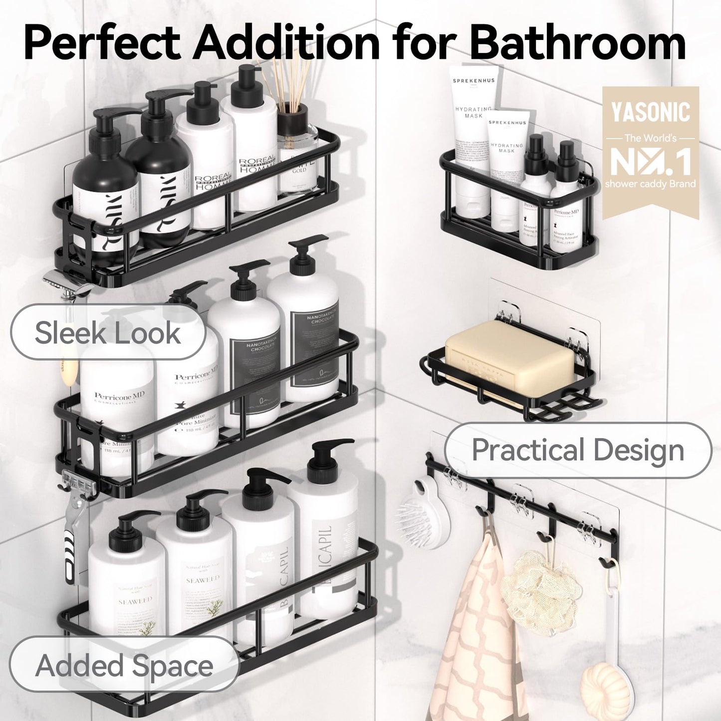 YASONIC Shower Caddy 6 Pack Rustproof shower Organizer, Large Capacity Shower Shelves for inside shower, Bathroom Organizers and Storage with Soap Holder and 12 Hooks, Adhesive Shower storage, Black