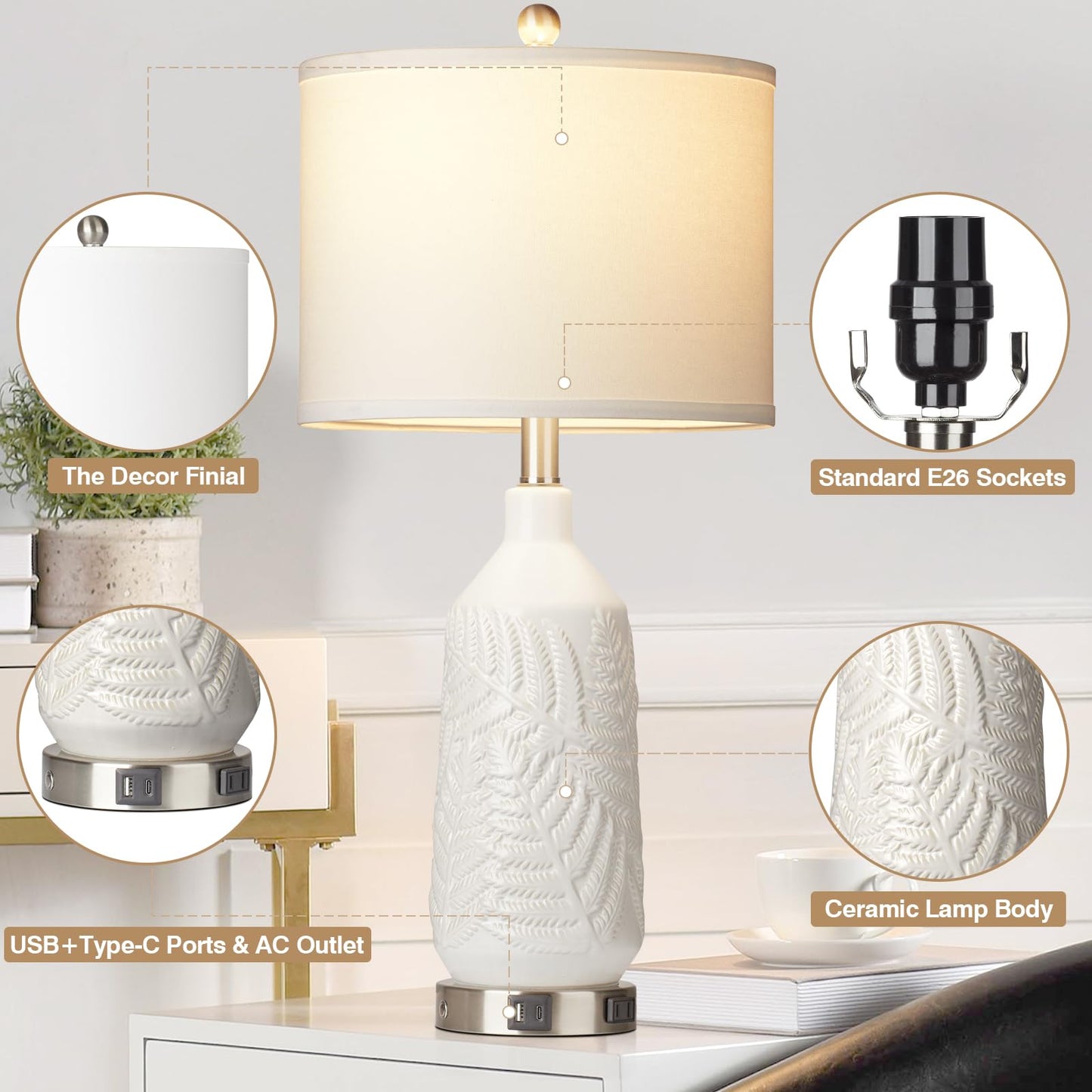 27-Zoll-Tischlampen aus Glas, 2er-Set mit Nachtlicht, moderne Nachttischlampen mit 3-Wege-Touch-Steuerung, USB-A+C-Anschlüssen und AC-Steckdose, gelbe Nachttischlampen im Boho-Stil für das Wohnzimmer im Schlafzimmer
