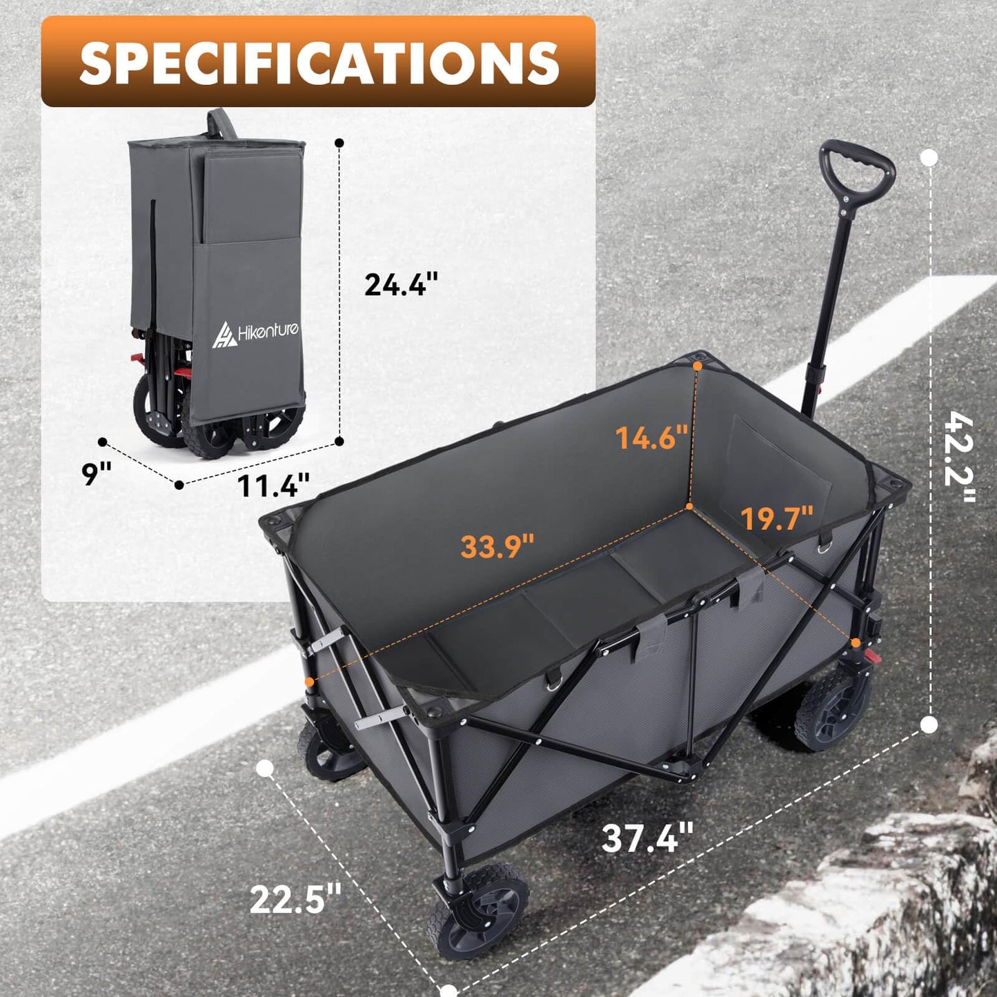 Hikenture Folding Wagon Cart, Portable Large Capacity Beach Wagon, Heavy Duty Utility Collapsible Wagon with All-Terrain Wheels, Outdoor Garden Cart Foldable Wagon for Sports, Shopping, Camping(Black)
