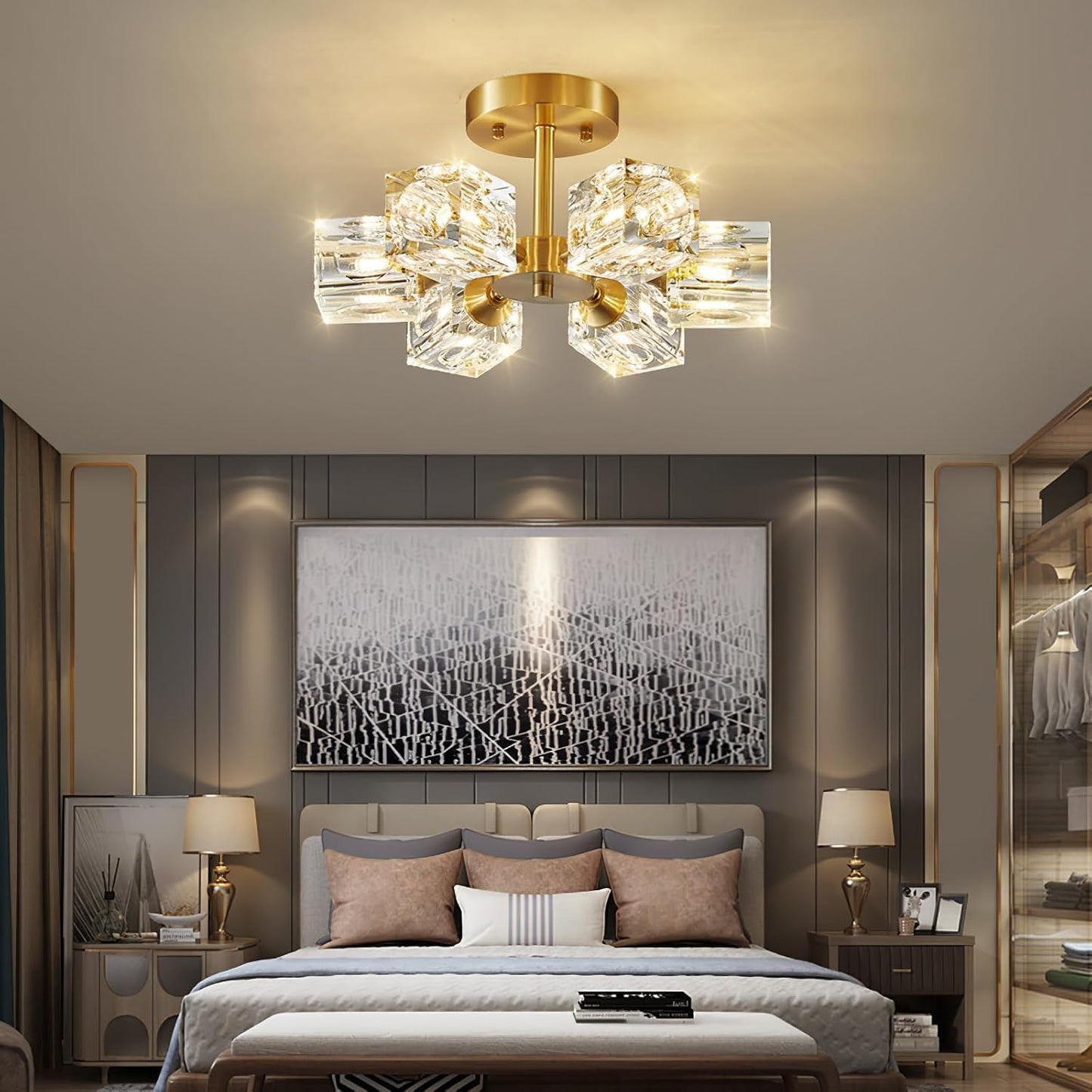 Yunnix Deckenleuchte 6 Lichter Kristall Kronleuchter Deckenleuchte Gold Deckenleuchte Moderne Kronleuchter Licht für Schlafzimmer Küche Flur Badezimmer Eingangsbereich Esszimmer