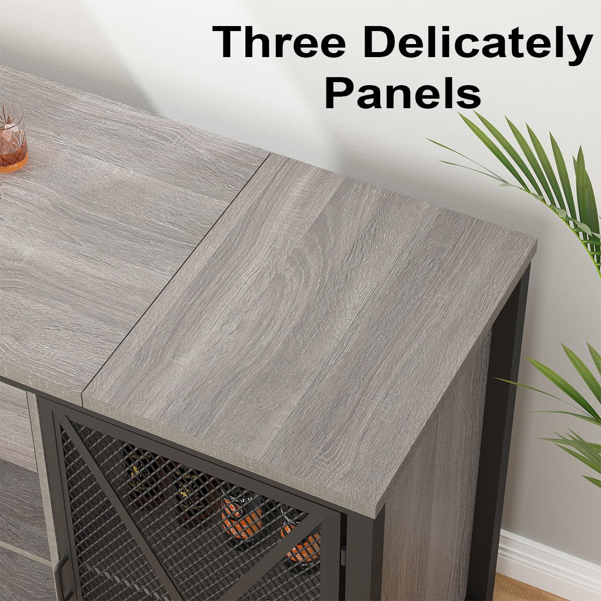 LVB Langer Barschrank mit Platz für den Kühlschrank, großer Spirituosenschrank im Landhausstil mit Schubladen, großer Weinschrank aus rustikalem Holz und Metall mit Regal, modernes Sideboard-Buffet für Küche und Esszimmer, grau, 70 Zoll