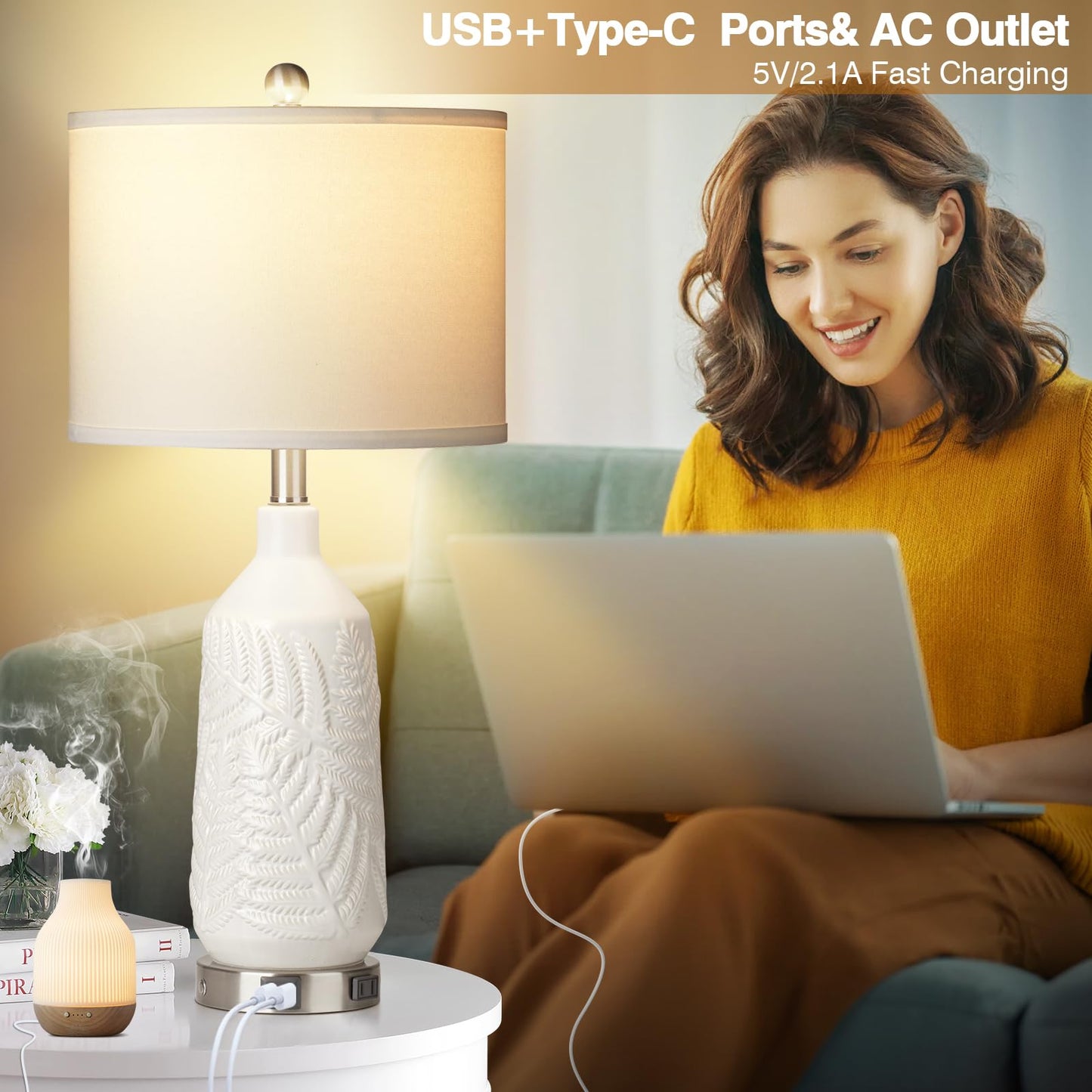 27-Zoll-Tischlampen aus Glas, 2er-Set mit Nachtlicht, moderne Nachttischlampen mit 3-Wege-Touch-Steuerung, USB-A+C-Anschlüssen und AC-Steckdose, gelbe Nachttischlampen im Boho-Stil für das Wohnzimmer im Schlafzimmer