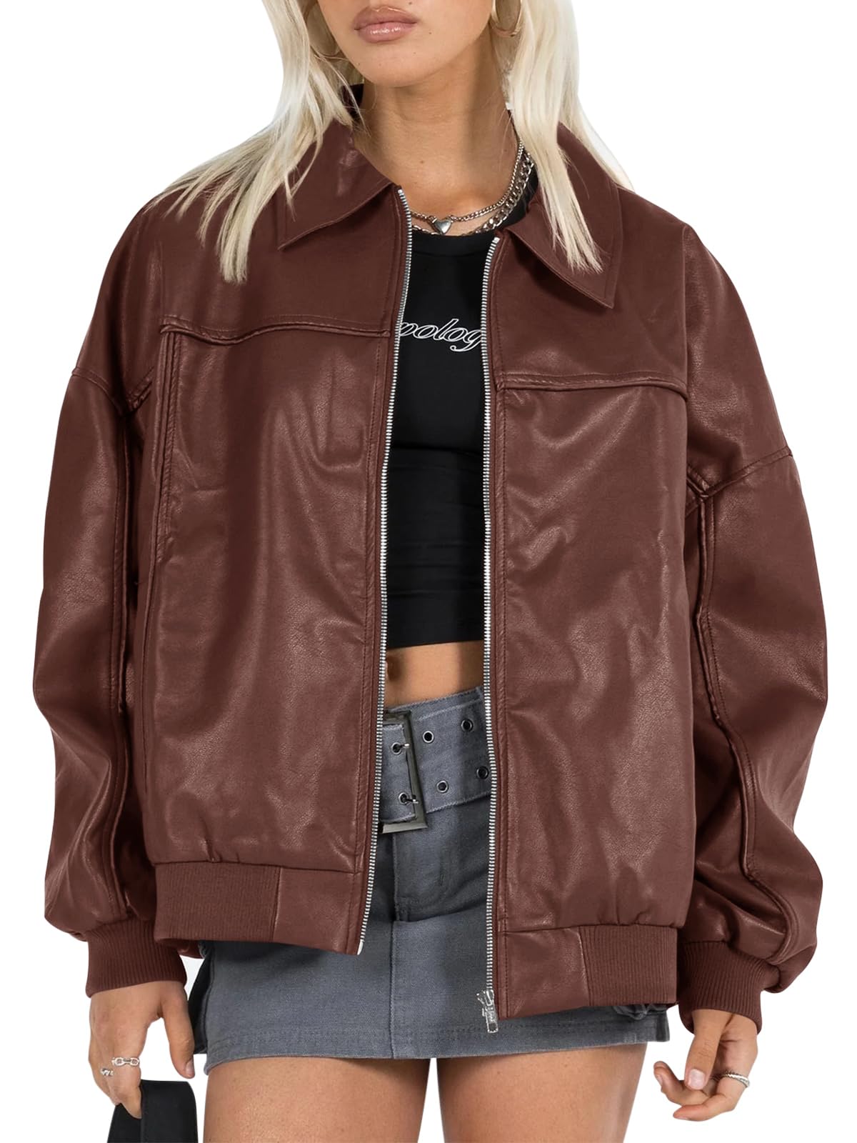 Tankaneo Womens Faux Leather Jackets Oversized Bomber Casual Fall Fashion Zip Up Moto Biker Coats