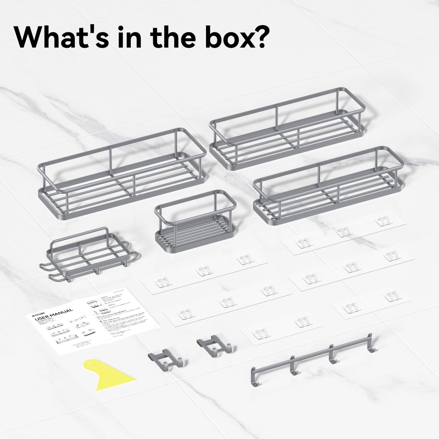6-Pack Black Shower Caddy Set – Rustproof Bathroom Organizer with Soap Holder & 12 Hooks, No-Drill Wall Mount Storage.