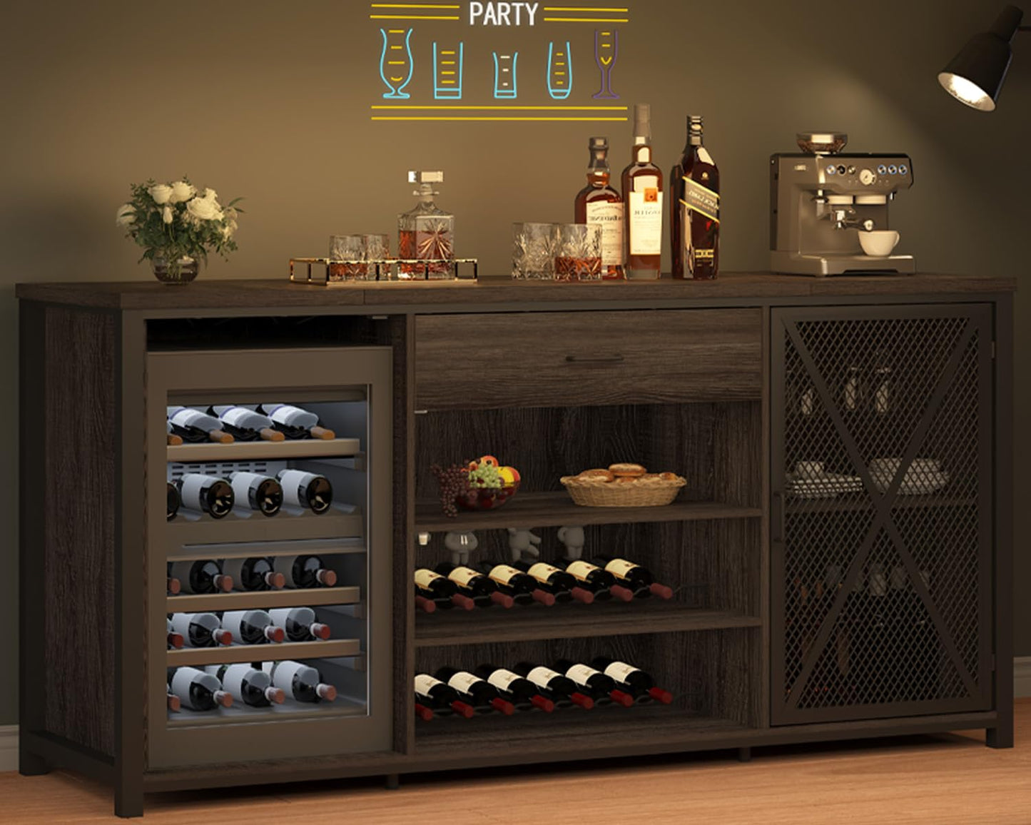 LVB Langer Barschrank mit Platz für den Kühlschrank, großer Spirituosenschrank im Landhausstil mit Schubladen, großer Weinschrank aus rustikalem Holz und Metall mit Regal, modernes Sideboard-Buffet für Küche und Esszimmer, grau, 70 Zoll
