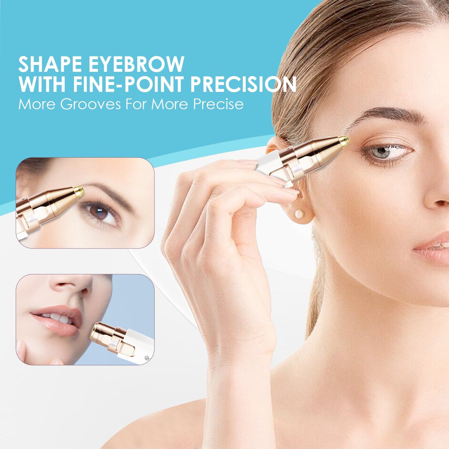 Eyebrow Facial Trimmer: 2 in1 Rechargeable Facial Hair Removal and Eyebrow Shaver - Face Lips Body Painless Facial Razor with Built-in LED Light (Rose Gold)
