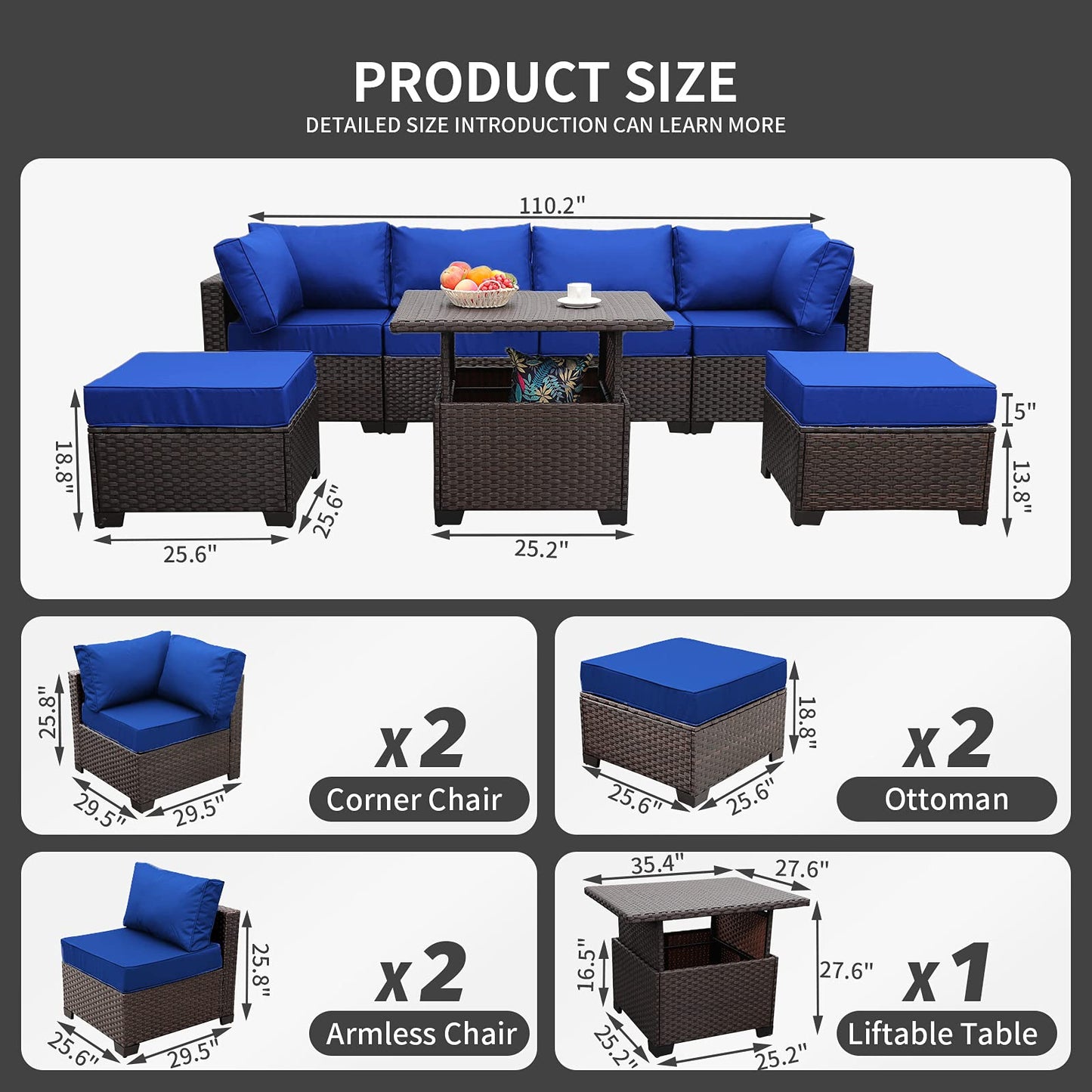Outdoor Patio Dark Brown Rattan 7 Piece Sectional Set PE Wicker Conversation Sofa with Liftable Storage Table Non-Slip 5" Thick Royal Blue Cushion and Furniture Cover