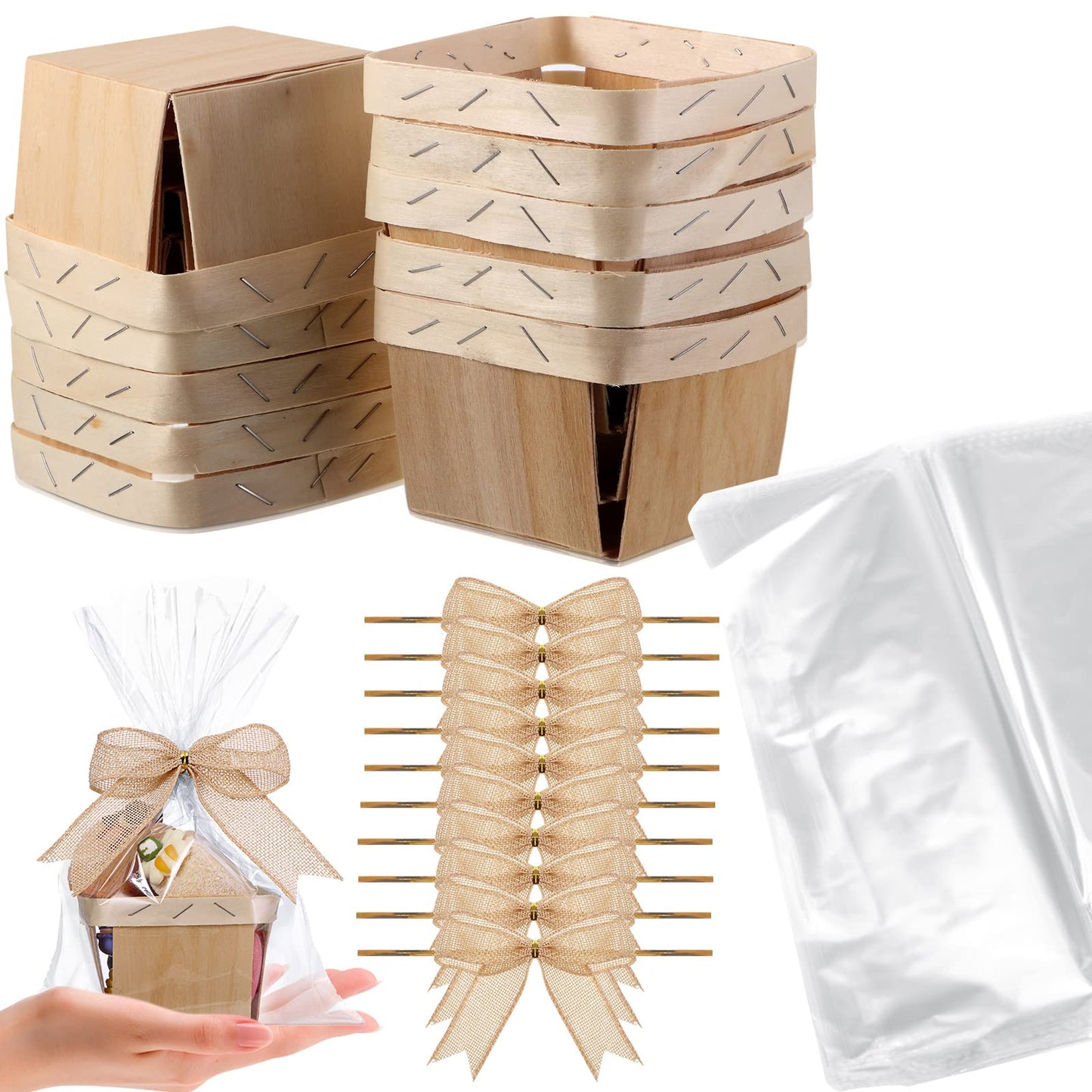 Yerliker 10 Set Wooden Mini Baskets for Gifts Empty 4 Inches Small Baskets Berry Basket Bows Clear Treat Bags Set for DIY Picking Wedding Birthday Easter(White,Satin)