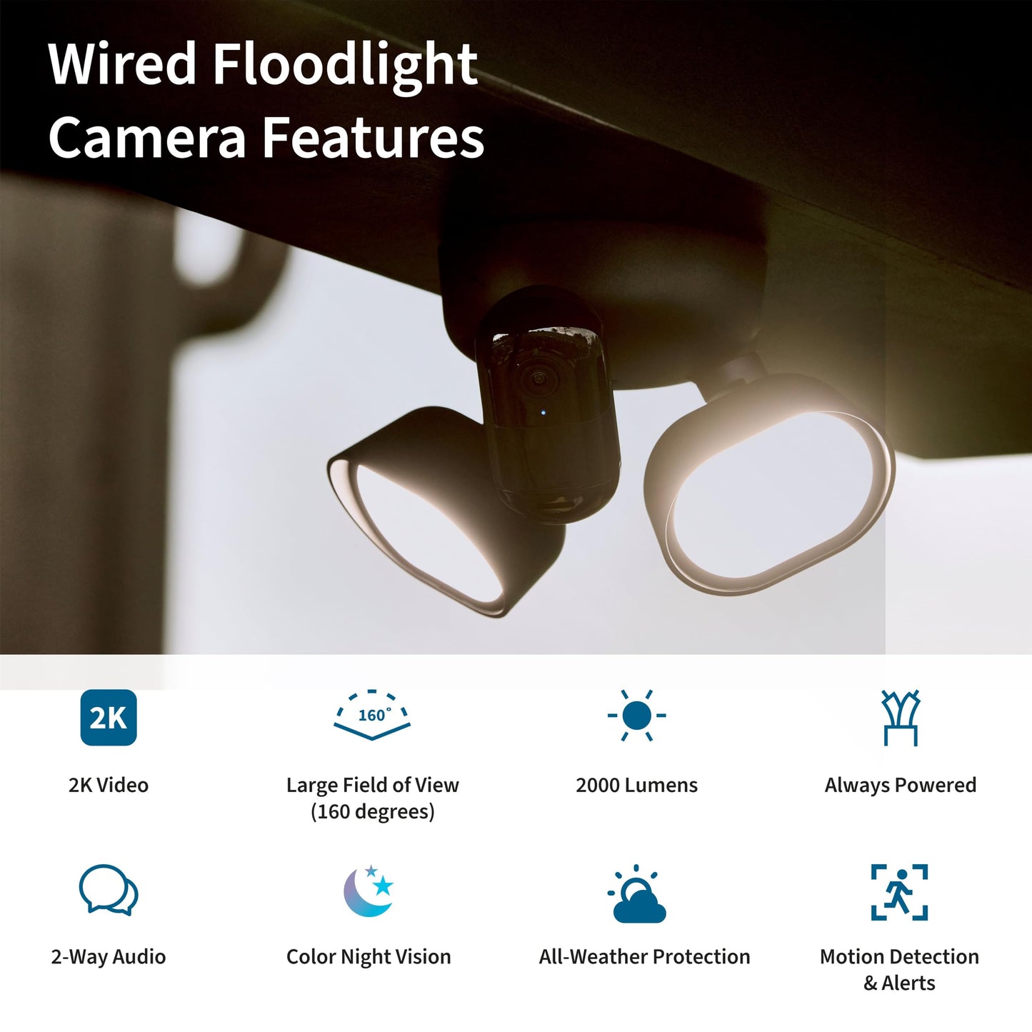 Wired Floodlight Security Camera with 2K HDR Video, 2000 Lumens, Color Night Vision & 2-Way Audio – Weather-Resistant