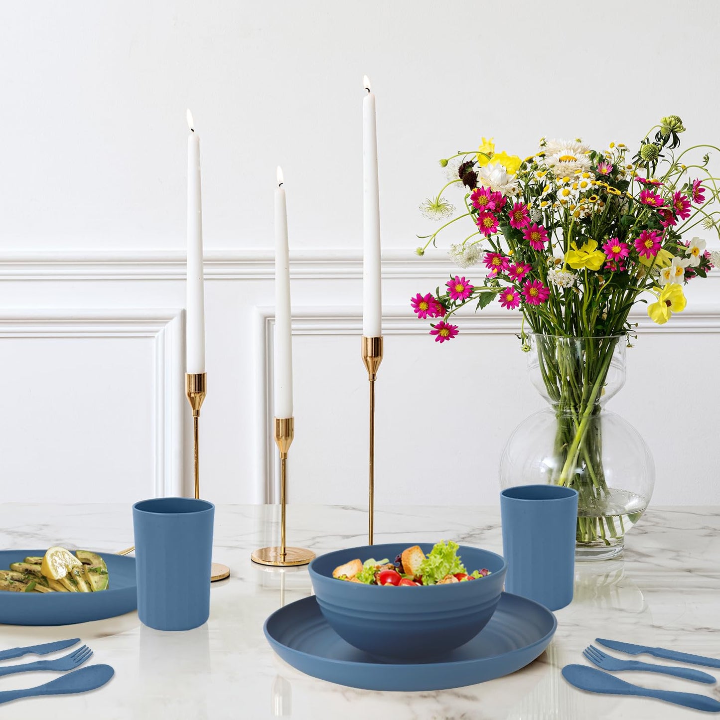 28 Piece Wheat Straw Dinnerware Sets,Dishwasher & Microwave Safe Plates and Bowls Sets - Unbreakable Plastic Dinnerware Sets for 4 Dinner Plates, Cups, Cereal Bowls - Colorful Series