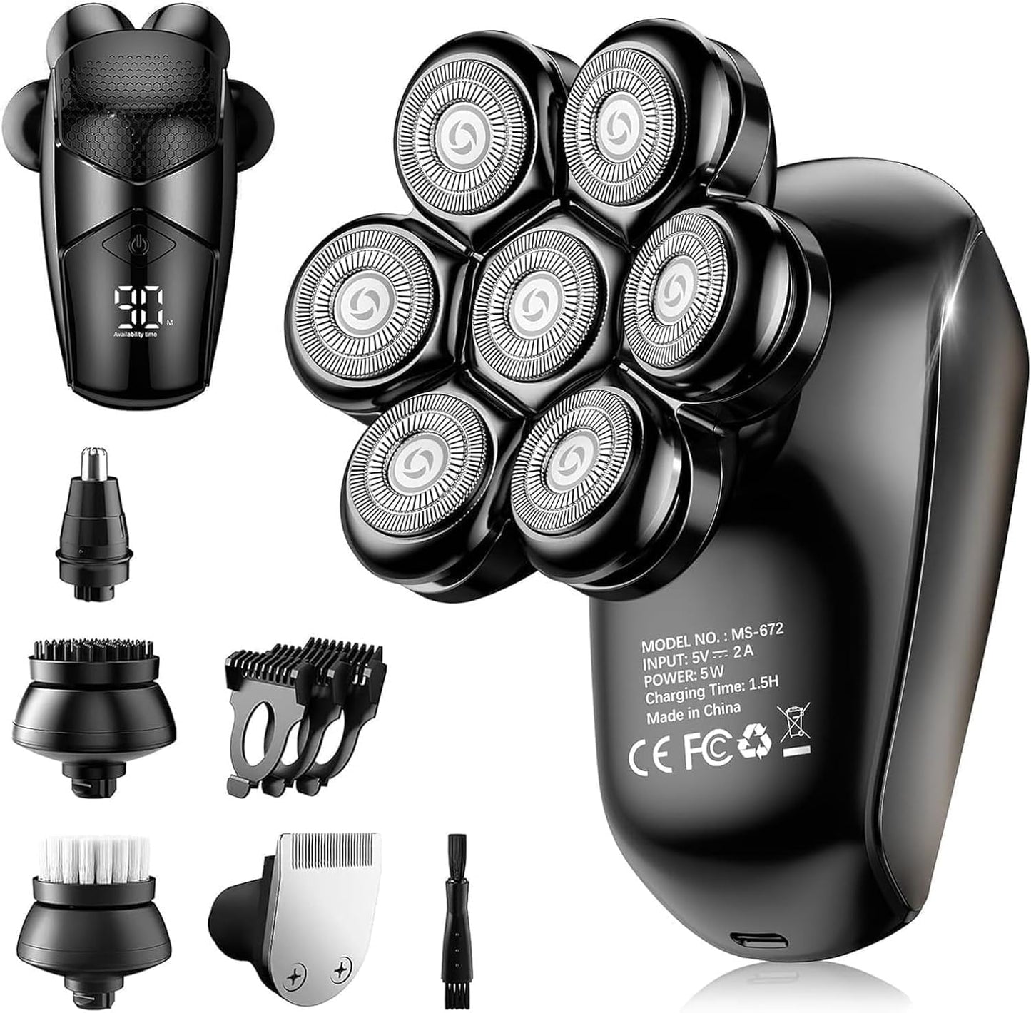 Detachable Head Shavers, SHPAVVER 5 in 1 Electric Razor IPX7 Waterproof for Bald Men, Wet Dry LED Display Rechargeable 7D Rotary Shaver Grooming Kit with Type C Charge A