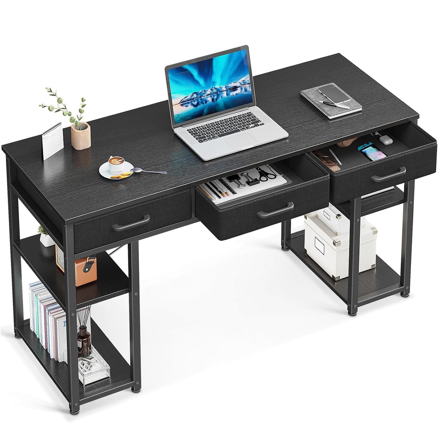ODK Office Kleiner Computertisch: Heimtisch mit Stoffschubladen und Ablageflächen, moderner Schreibtisch, Schwarz, 48"x16"