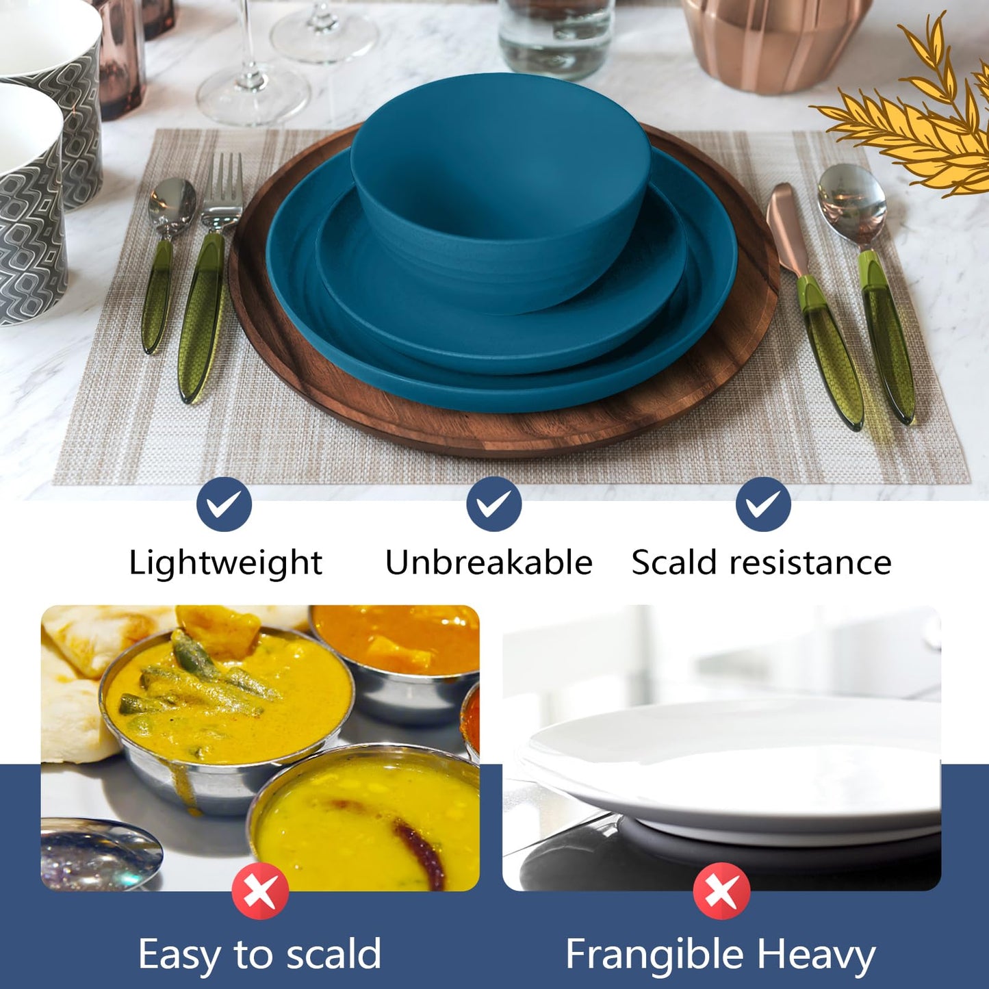 Teivio 16-Piece Kitchen Plastic Wheat Straw Dinnerware Set, Service for 4, Dinner Plates, Dessert Plate, Cereal Bowls, Cups, Unbreakable Plastic Outdoor Camping Dishes, Grey
