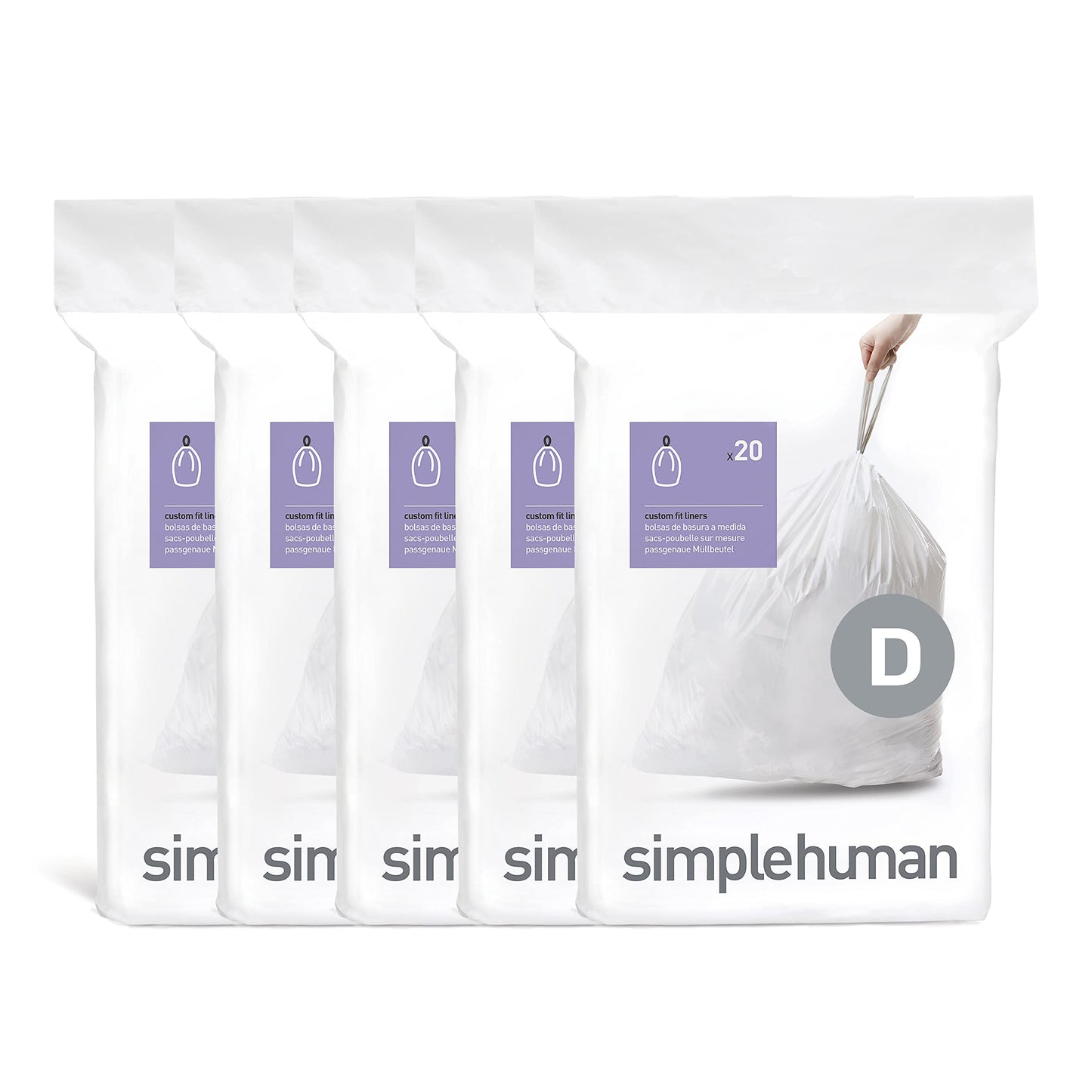 simplehuman Code H 60 Count, Genuine Custom Fit Liners, Drawstring Trash Bags in Dispenser Packs, 30-35 Liter / 8-9.2 Gallon, White