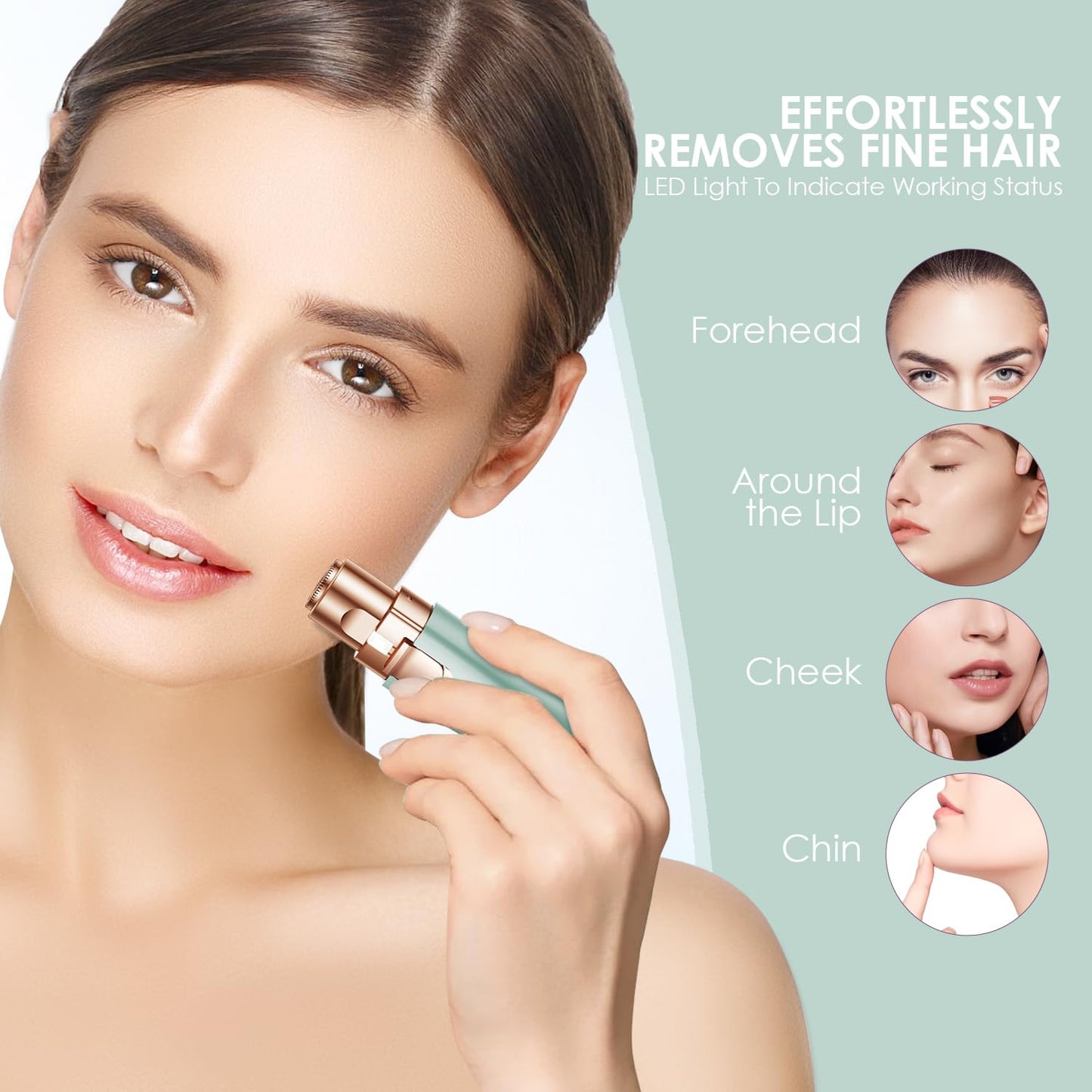 Eyebrow Facial Trimmer: 2 in1 Rechargeable Facial Hair Removal and Eyebrow Shaver - Face Lips Body Painless Facial Razor with Built-in LED Light (Rose Gold)