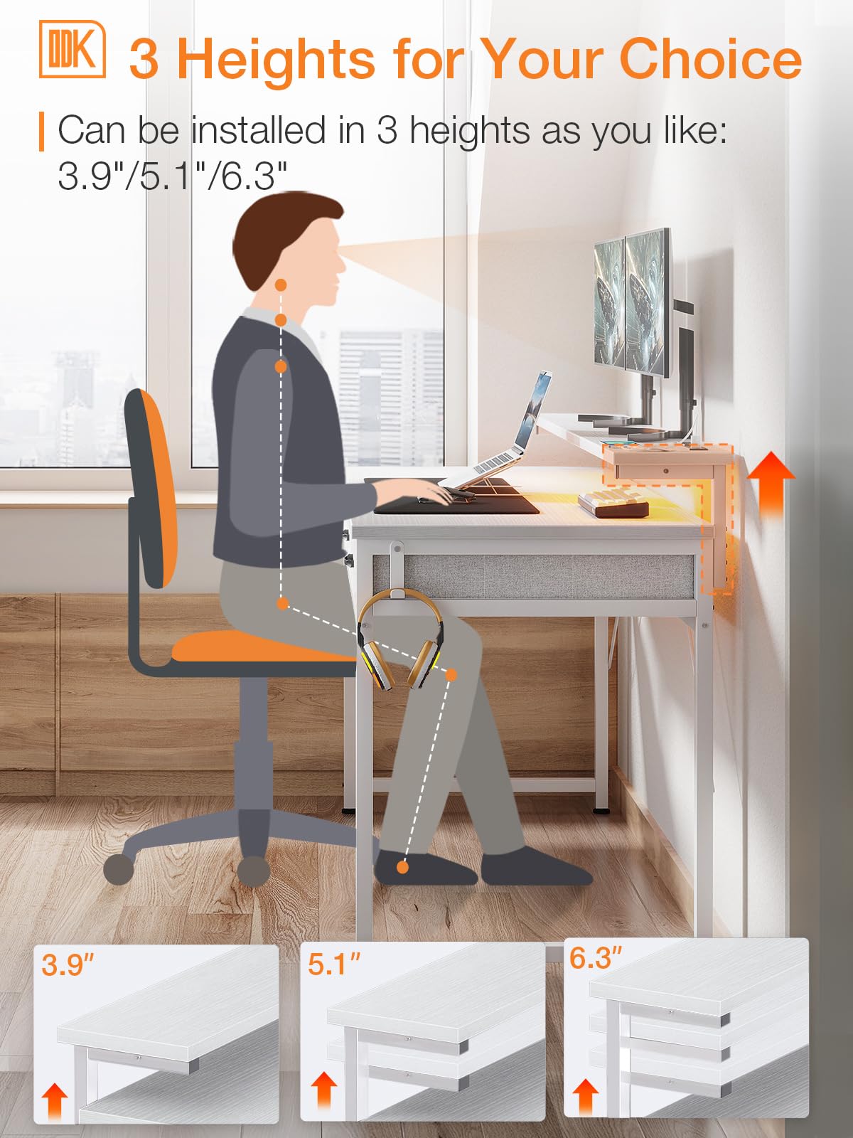 ODK 54-Zoll-Computertisch mit 3 Schubladen und USB-Steckdosen, Home-Office-Schreibtische mit LED-Leuchten und verstellbarem Monitorständer, Arbeiten von zu Hause, moderner Arbeits-/Schreib-/Studiertisch für Schlafzimmer, Schwarz