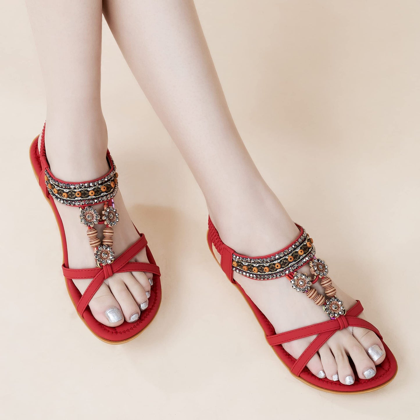 Elegante Damensandalen für den Sommer: Flache Schuhe, bequeme Bohemian-Sandalen mit elastischem Knöchelriemen, Strandsandalen für Damen
