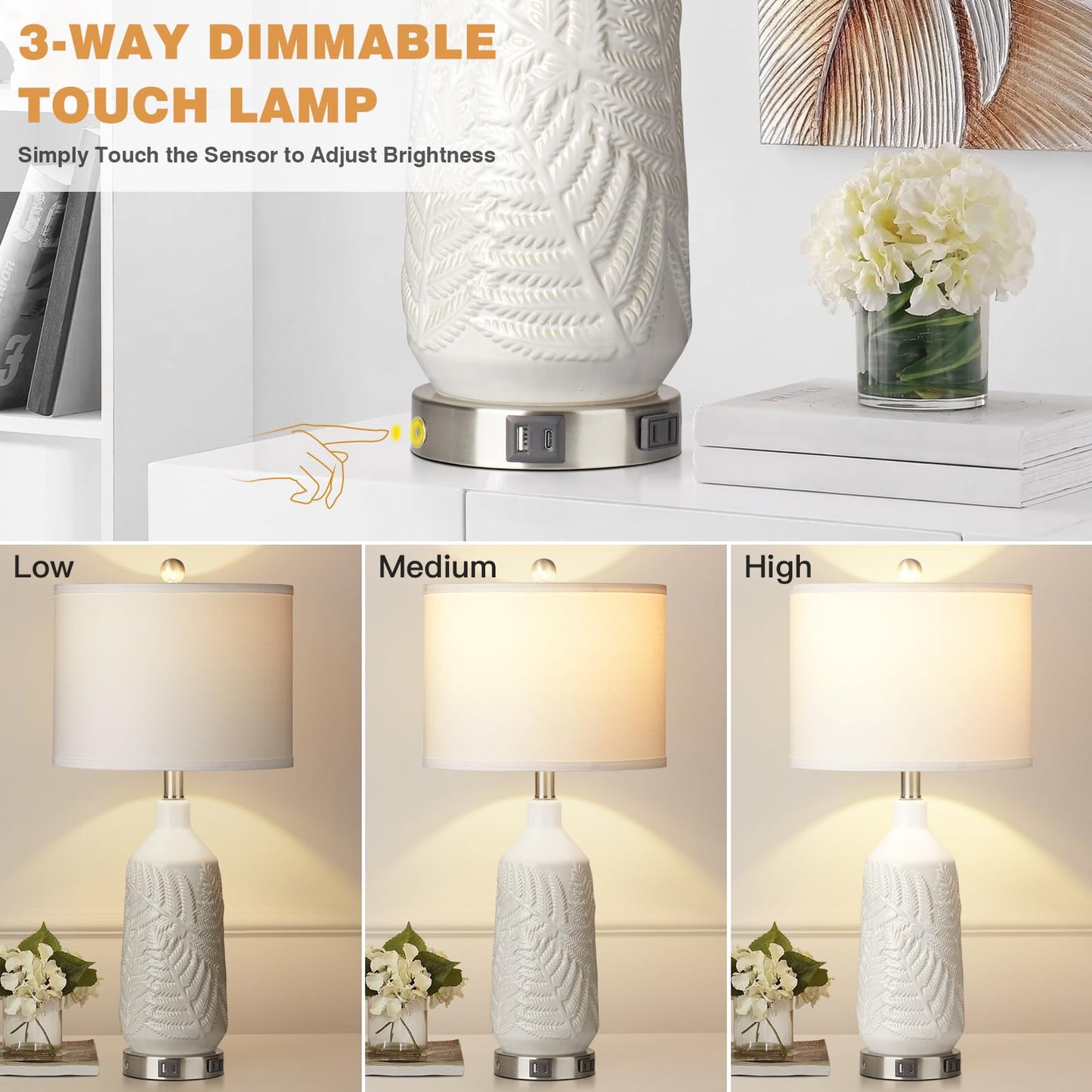 27-Zoll-Tischlampen aus Glas, 2er-Set mit Nachtlicht, moderne Nachttischlampen mit 3-Wege-Touch-Steuerung, USB-A+C-Anschlüssen und AC-Steckdose, gelbe Nachttischlampen im Boho-Stil für das Wohnzimmer im Schlafzimmer