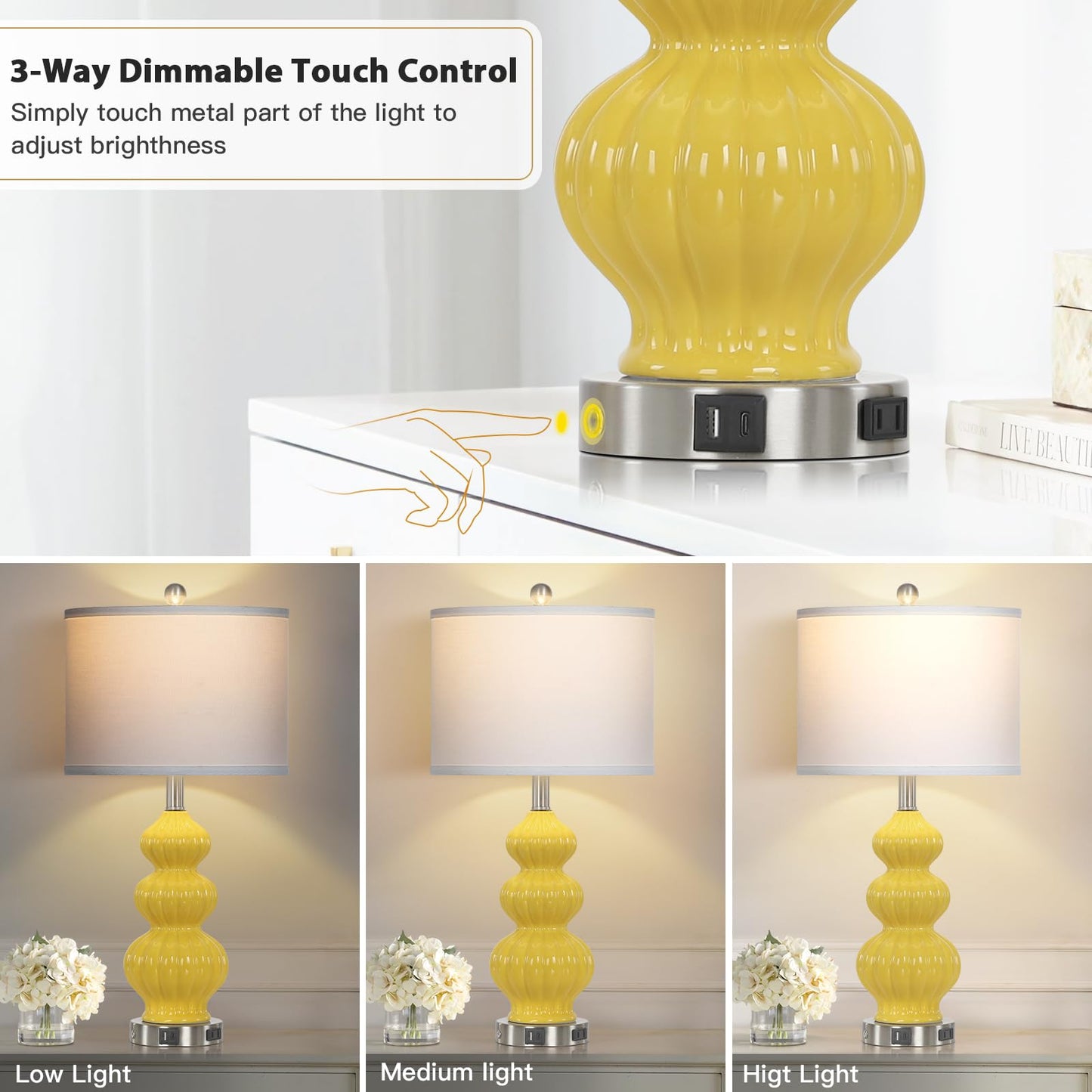 27-Zoll-Tischlampen aus Glas, 2er-Set mit Nachtlicht, moderne Nachttischlampen mit 3-Wege-Touch-Steuerung, USB-A+C-Anschlüssen und AC-Steckdose, gelbe Nachttischlampen im Boho-Stil für das Wohnzimmer im Schlafzimmer