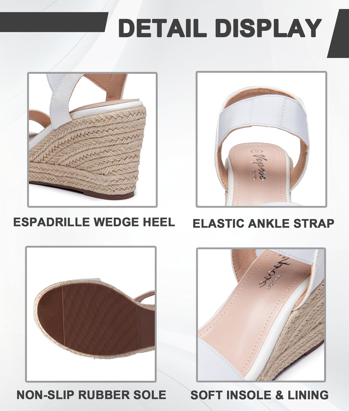 Vepose Damen 881 Keilsandalen Elastischer Fesselriemen Espadrilles Plateau Offene Zehenpartie High Heel Stretch Textil Brautschuhe