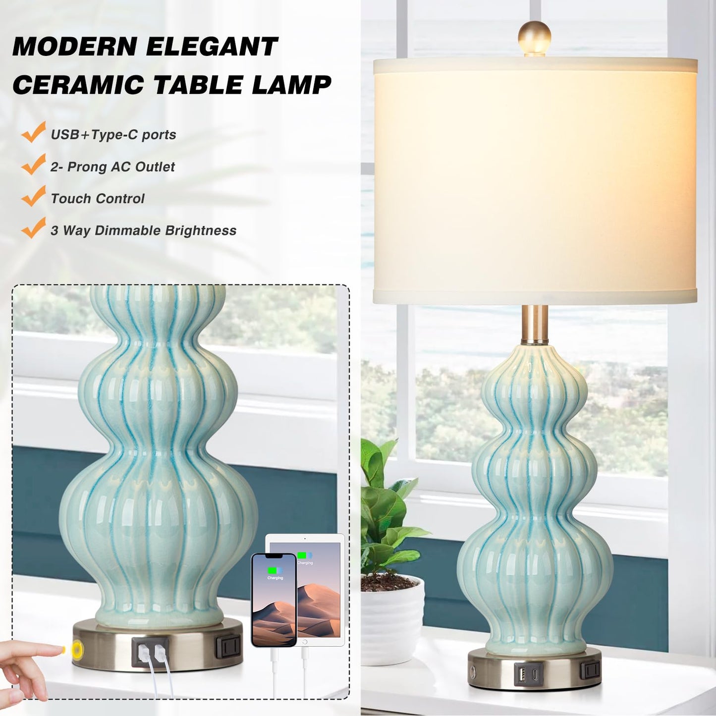 27-Zoll-Tischlampen aus Glas, 2er-Set mit Nachtlicht, moderne Nachttischlampen mit 3-Wege-Touch-Steuerung, USB-A+C-Anschlüssen und AC-Steckdose, gelbe Nachttischlampen im Boho-Stil für das Wohnzimmer im Schlafzimmer
