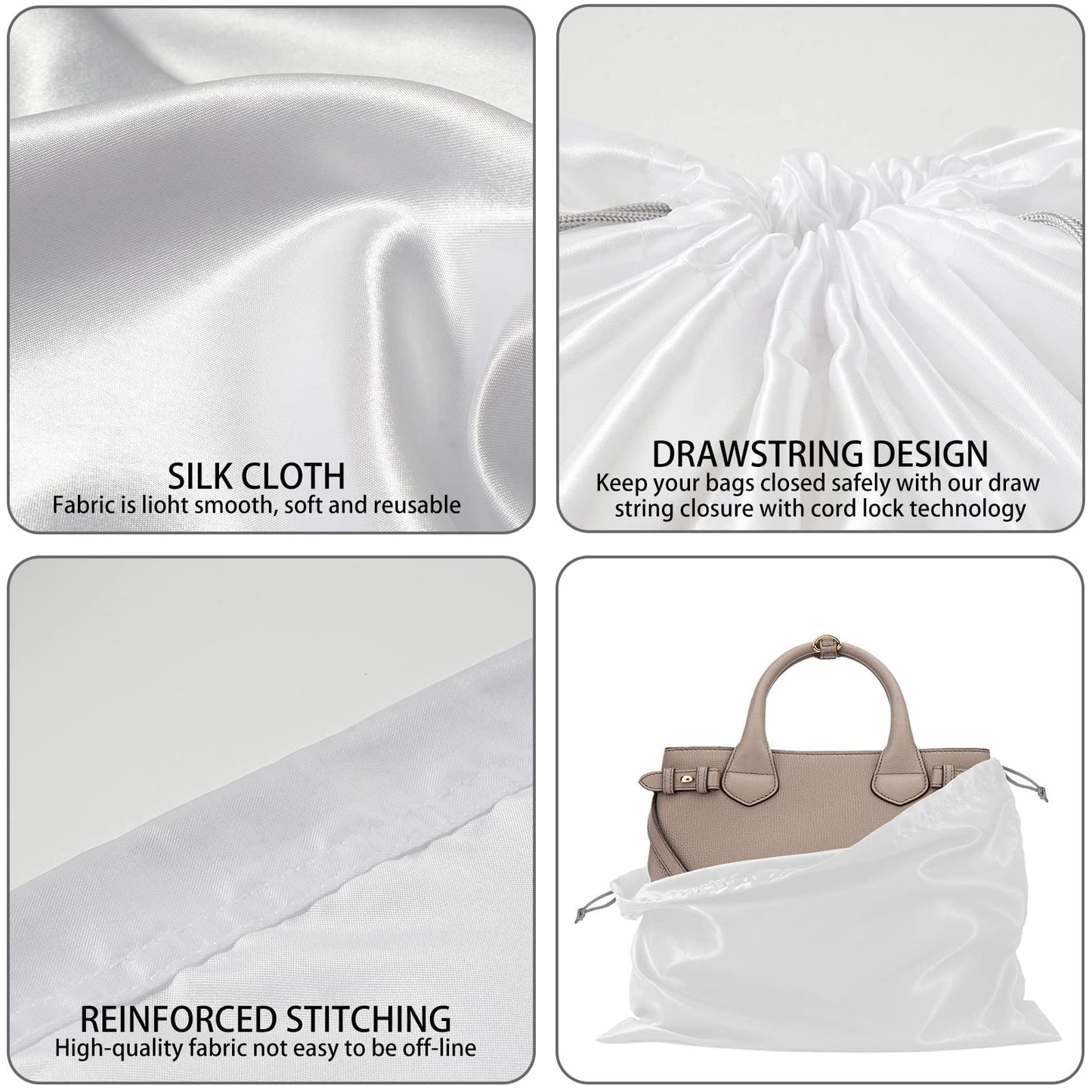 Lot de 6 sacs anti-poussière en soie pour sacs à main, sacs à main, chaussures, bottes, sac à cordon anti-poussière en soie, pochette de rangement de voyage (blanc, 19,6 × 15,7 pouces)