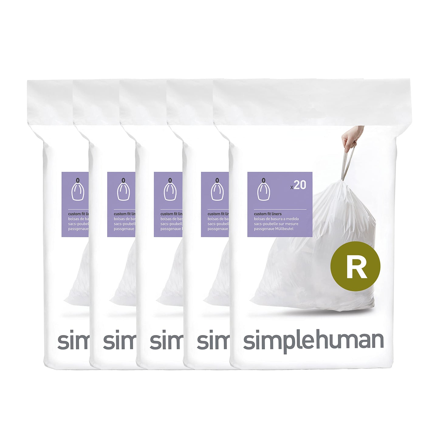 simplehuman Code H 60 Count, Genuine Custom Fit Liners, Drawstring Trash Bags in Dispenser Packs, 30-35 Liter / 8-9.2 Gallon, White