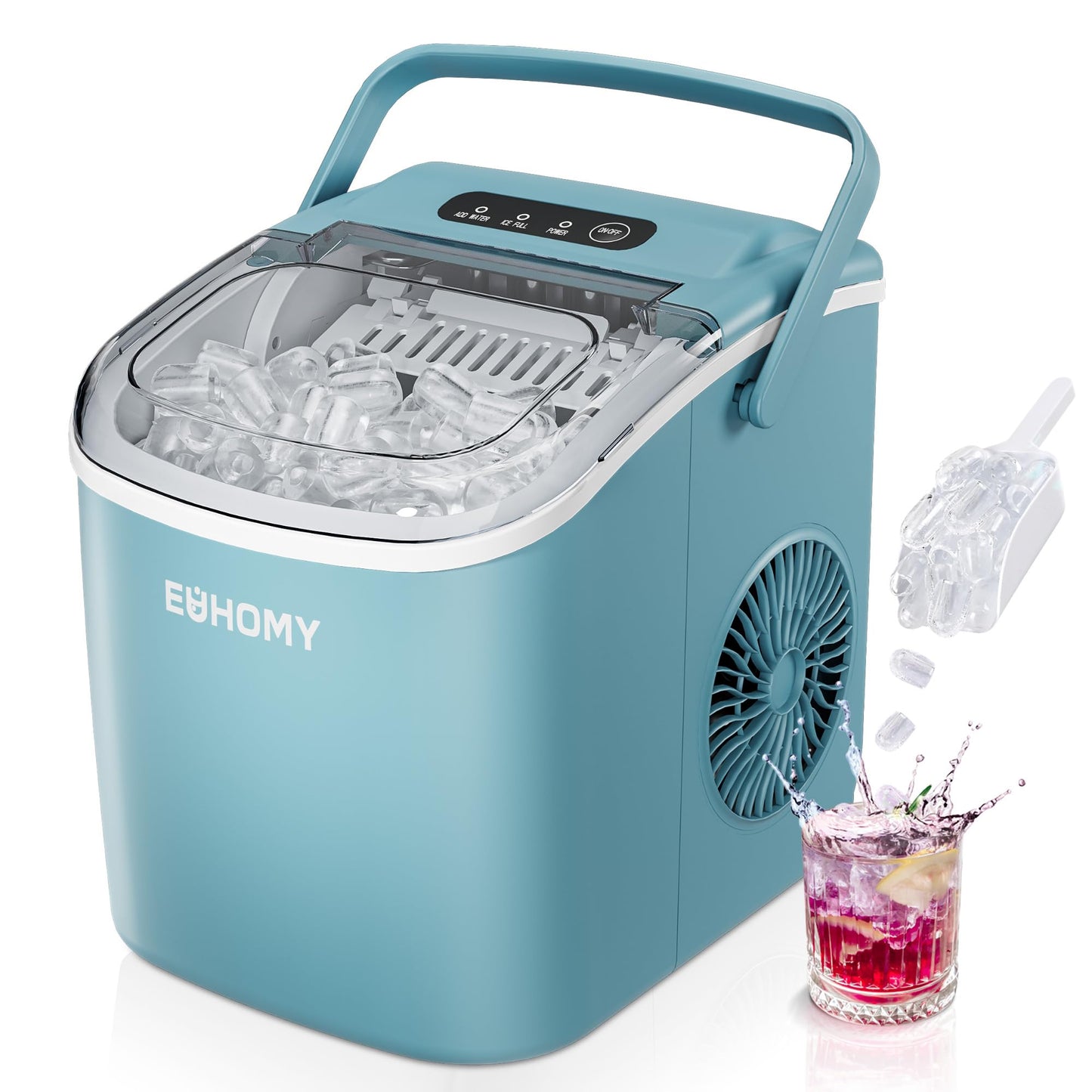 EUHOMY Countertop Ice Maker Machine with Handle, 26lbs in 24Hrs, 9 Ice Cubes Ready in 6 Mins, Auto-Cleaning Portable Ice Maker with Basket and Scoop, for Home/Kitchen/Camping/RV. (Black)